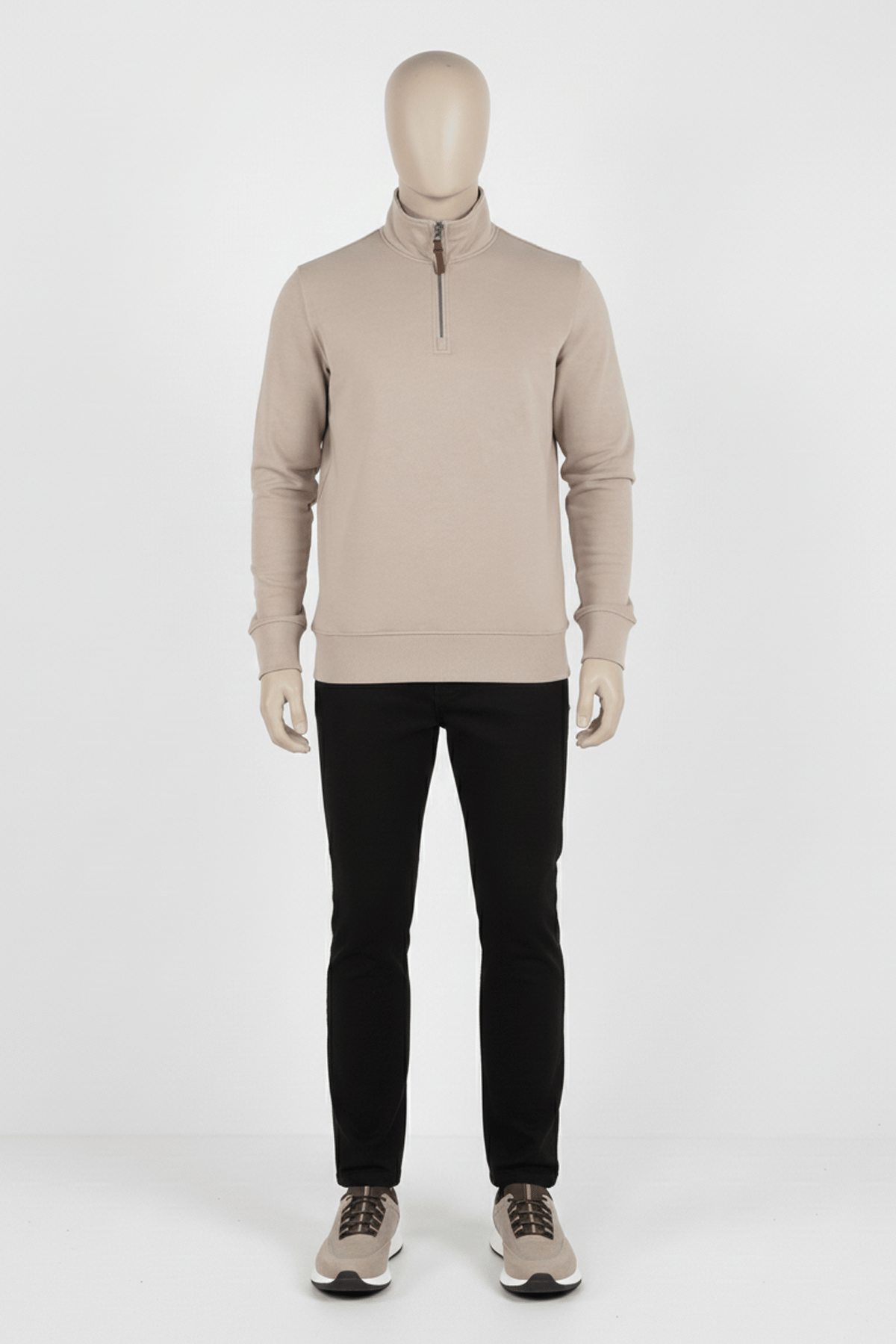 Erkek Dik Yaka Fermuarlı Slim Fit Sweatshirt BEJ