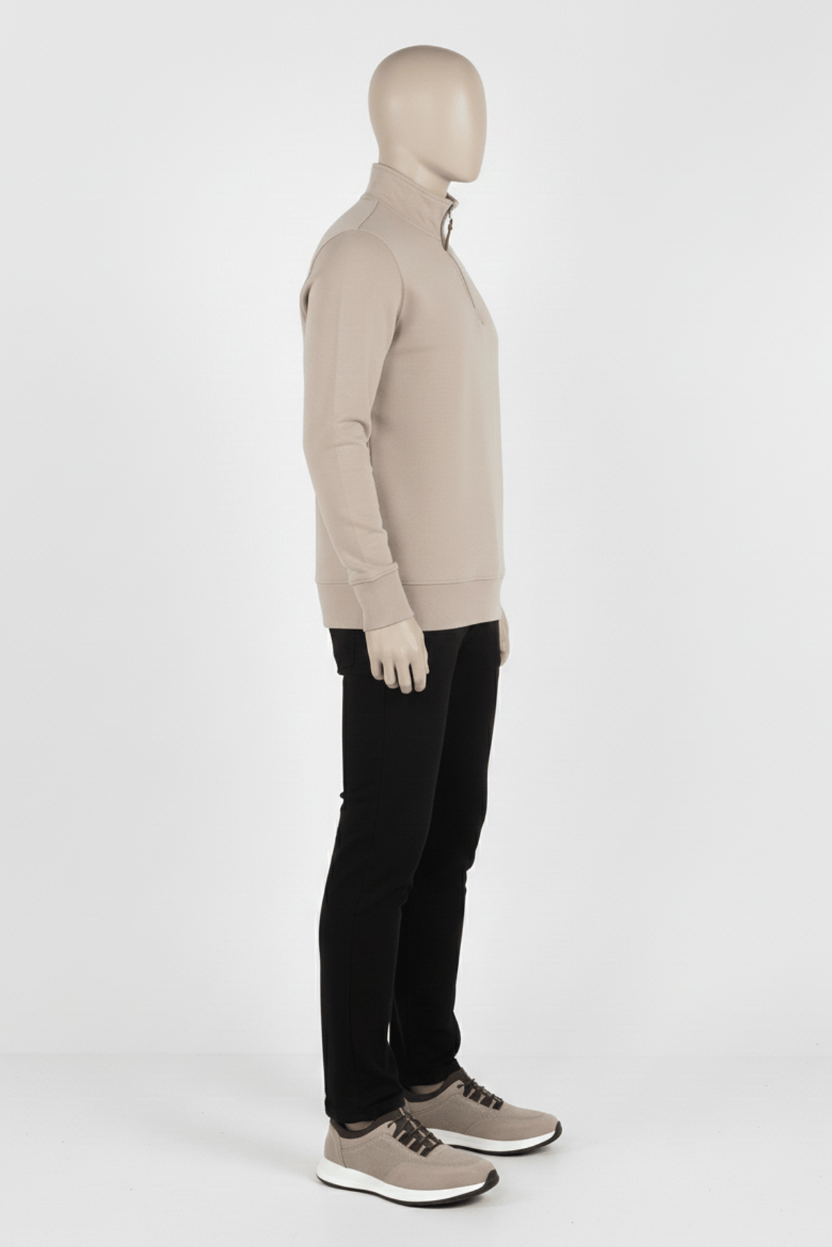 Erkek Dik Yaka Fermuarlı Slim Fit Sweatshirt BEJ
