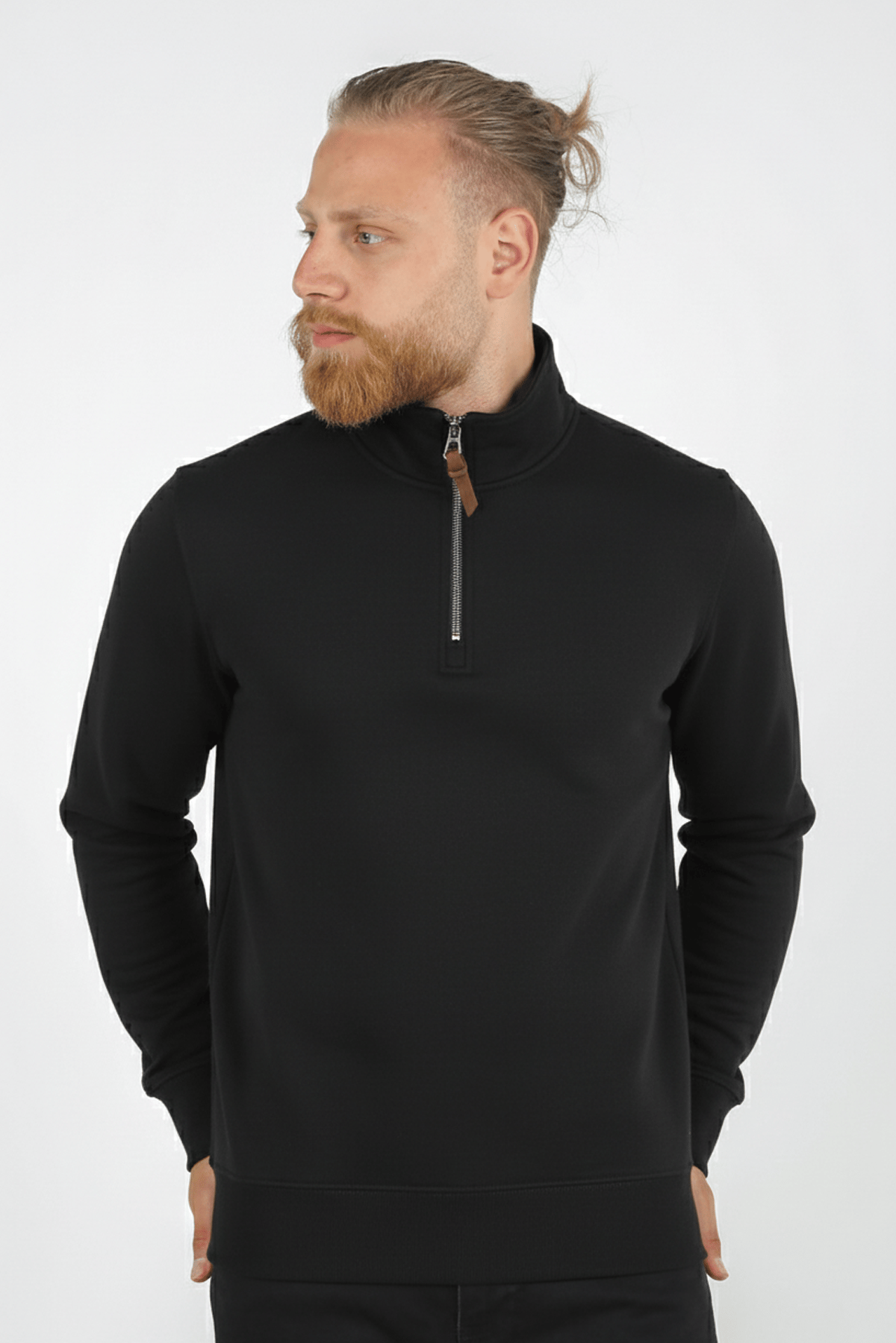 Erkek Dik Yaka Fermuarlı Slim Fit Sweatshirt SİYAH