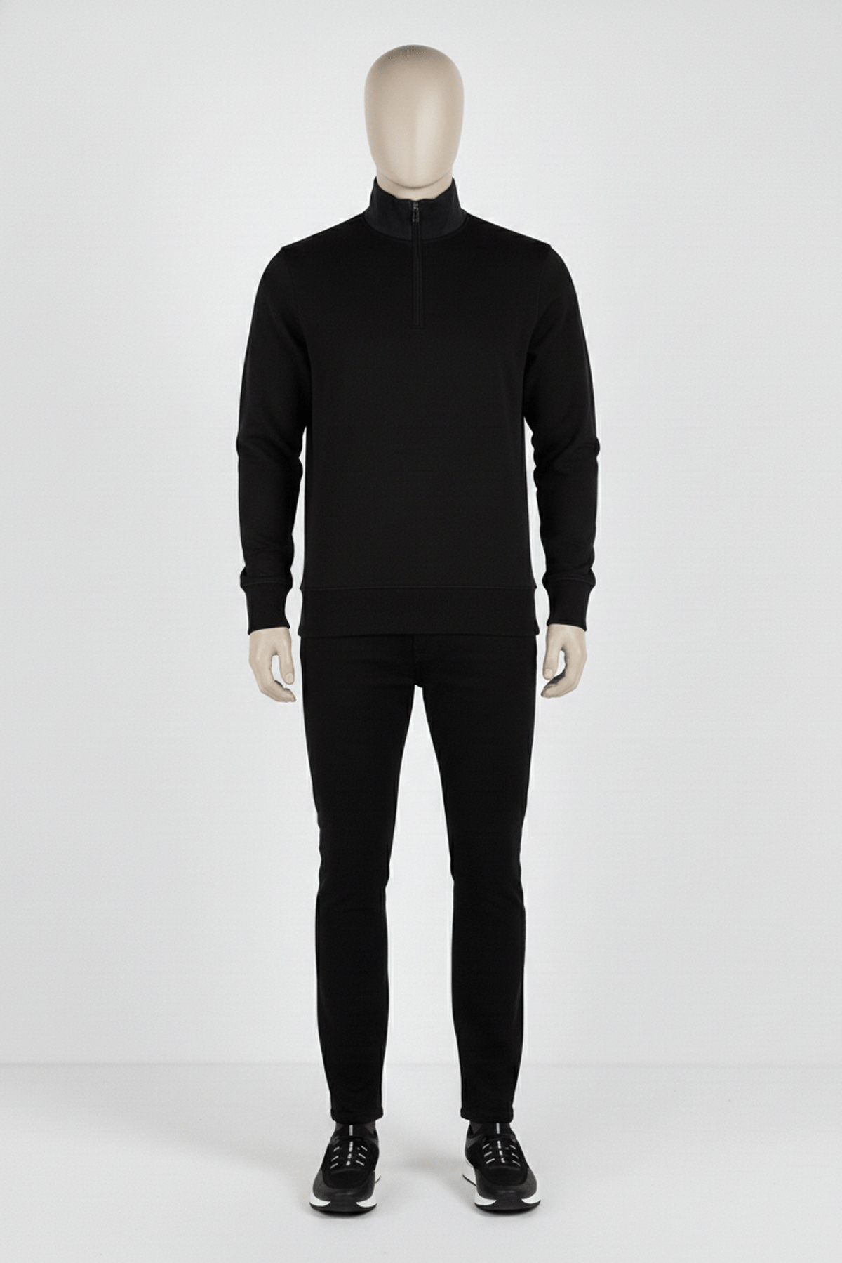 Erkek Dik Yaka Fermuarlı Slim Fit Sweatshirt SİYAH