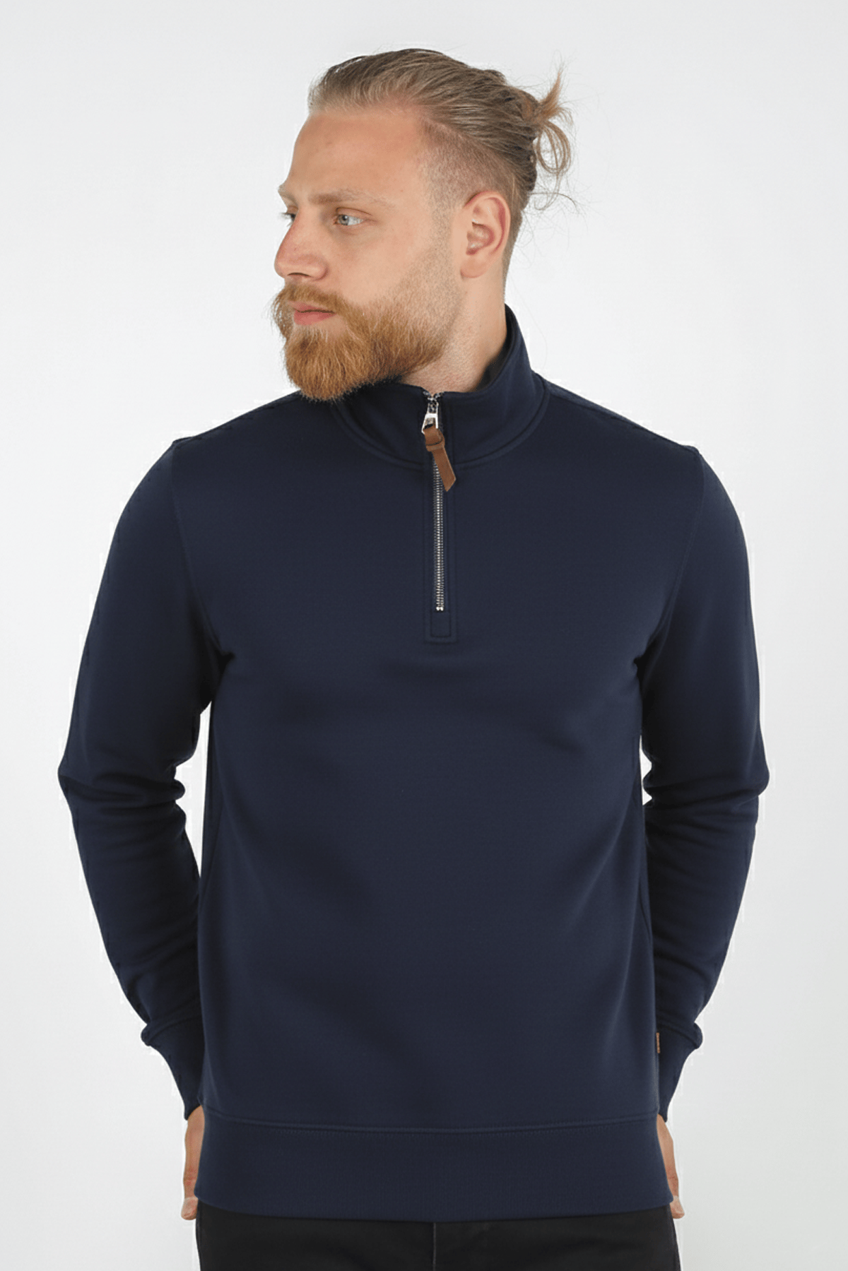 Erkek Dik Yaka Fermuarlı Slim Fit Sweatshirt LACİVERT