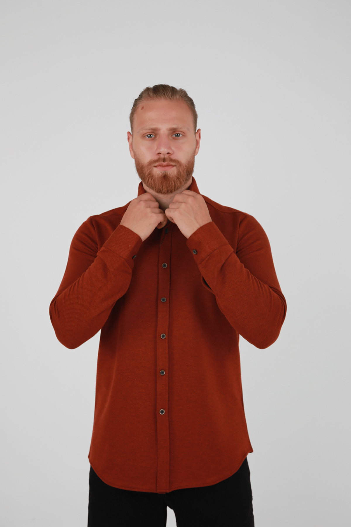 Erkek KİREMİT Standart Fit Uzun Kollu Dokulu Gömlek 
