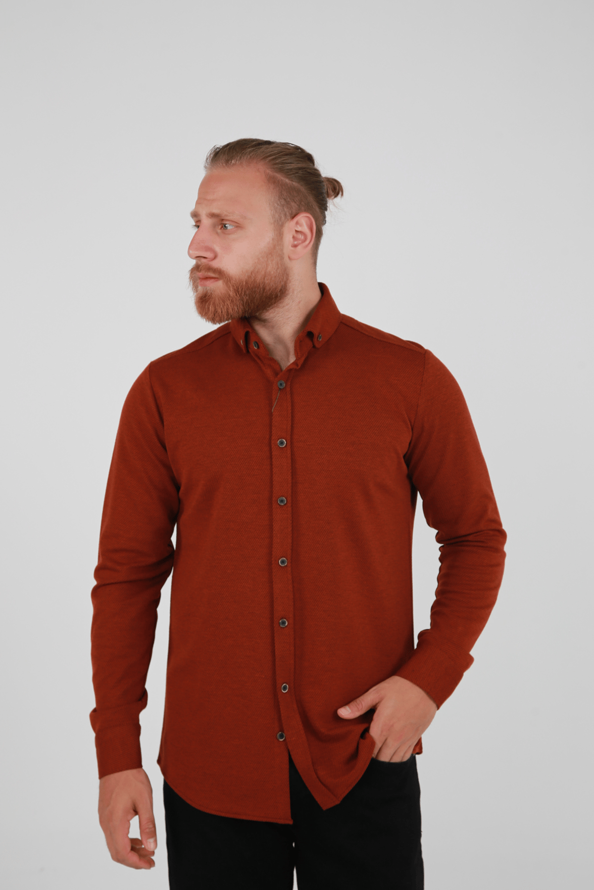 Erkek KİREMİT Standart Fit Uzun Kollu Dokulu Gömlek 