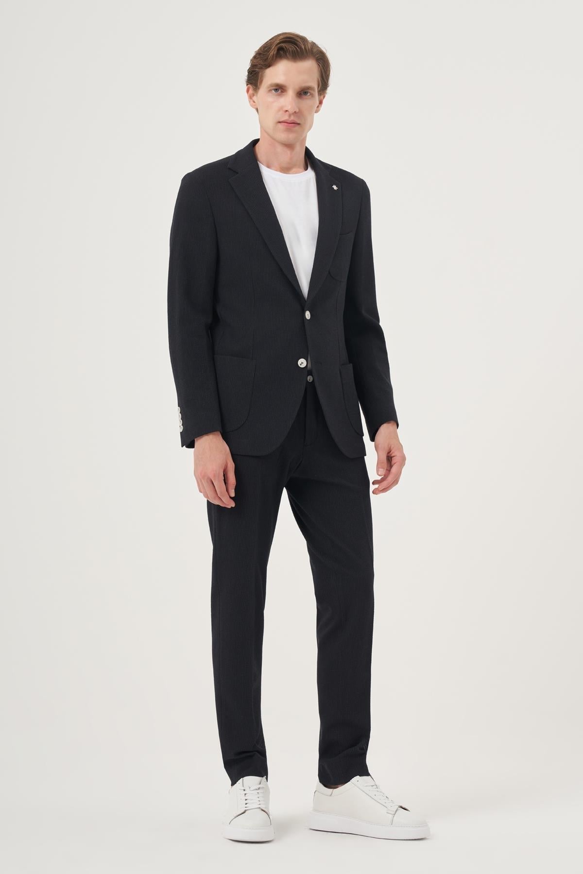 Erkek Lacivert Poliviskon Trend Çizgili Slim Fit Mono Yaka Takım Elbise