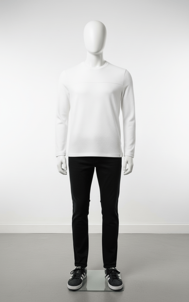 Erkek Standart Fit Rahat Kesim Waffle Dokulu Bisiklet Yaka Pamuklu Sweatshirt