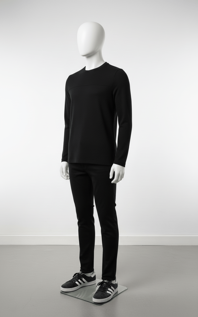 Erkek Standart Fit Rahat Kesim Waffle Dokulu Bisiklet Yaka Pamuklu Sweatshirt