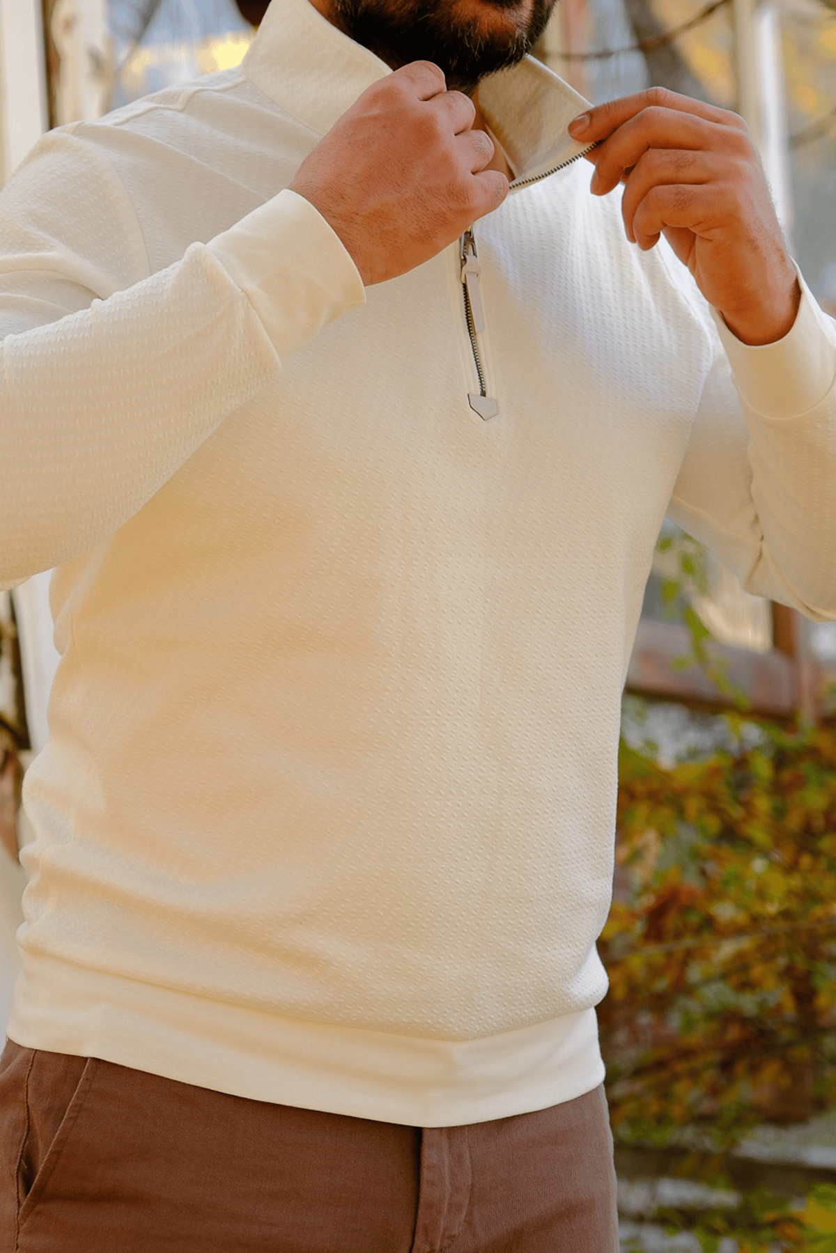 Erkek Yarım Fermuarlı Sweatshirt Ekru