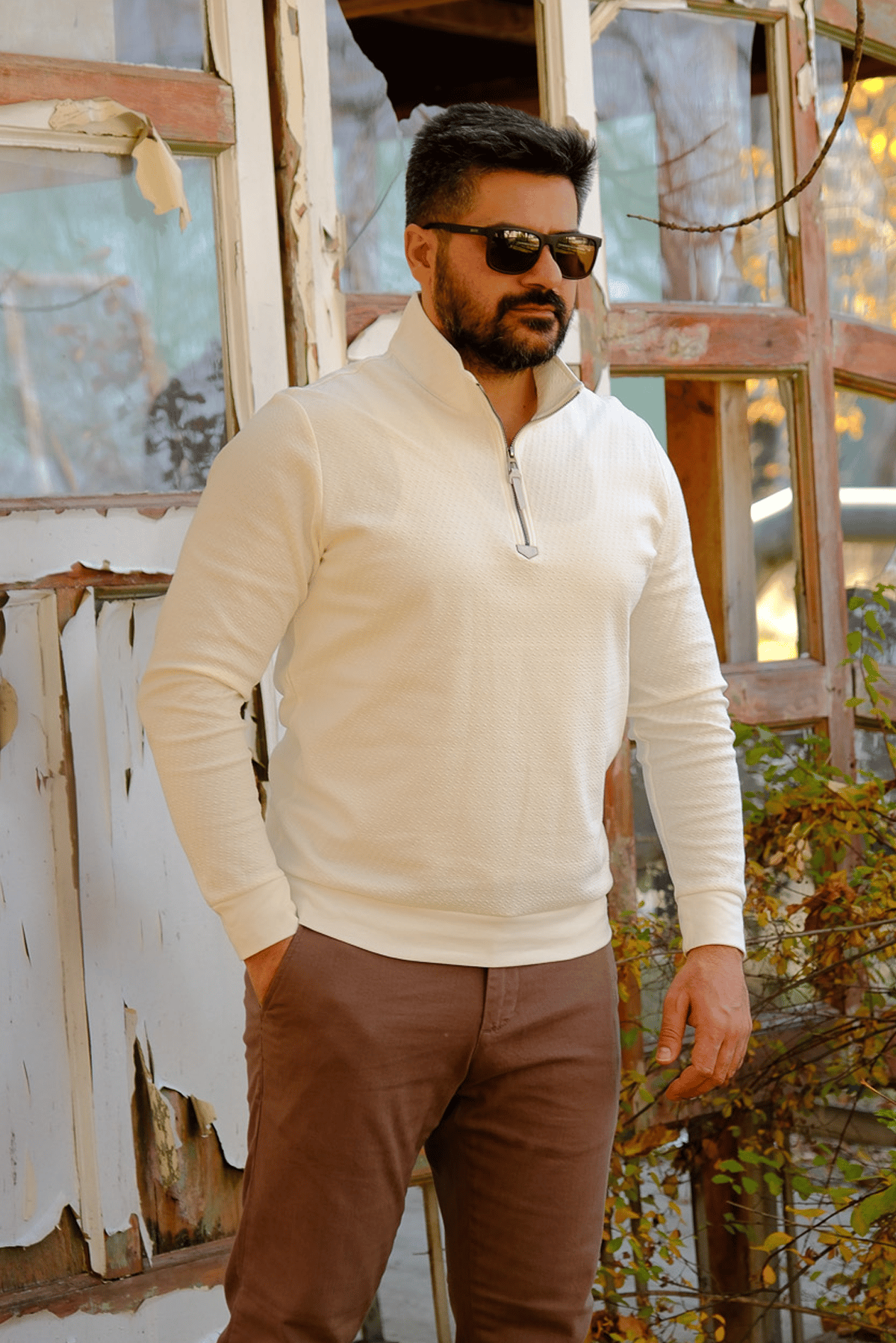 Erkek Yarım Fermuarlı Sweatshirt Ekru
