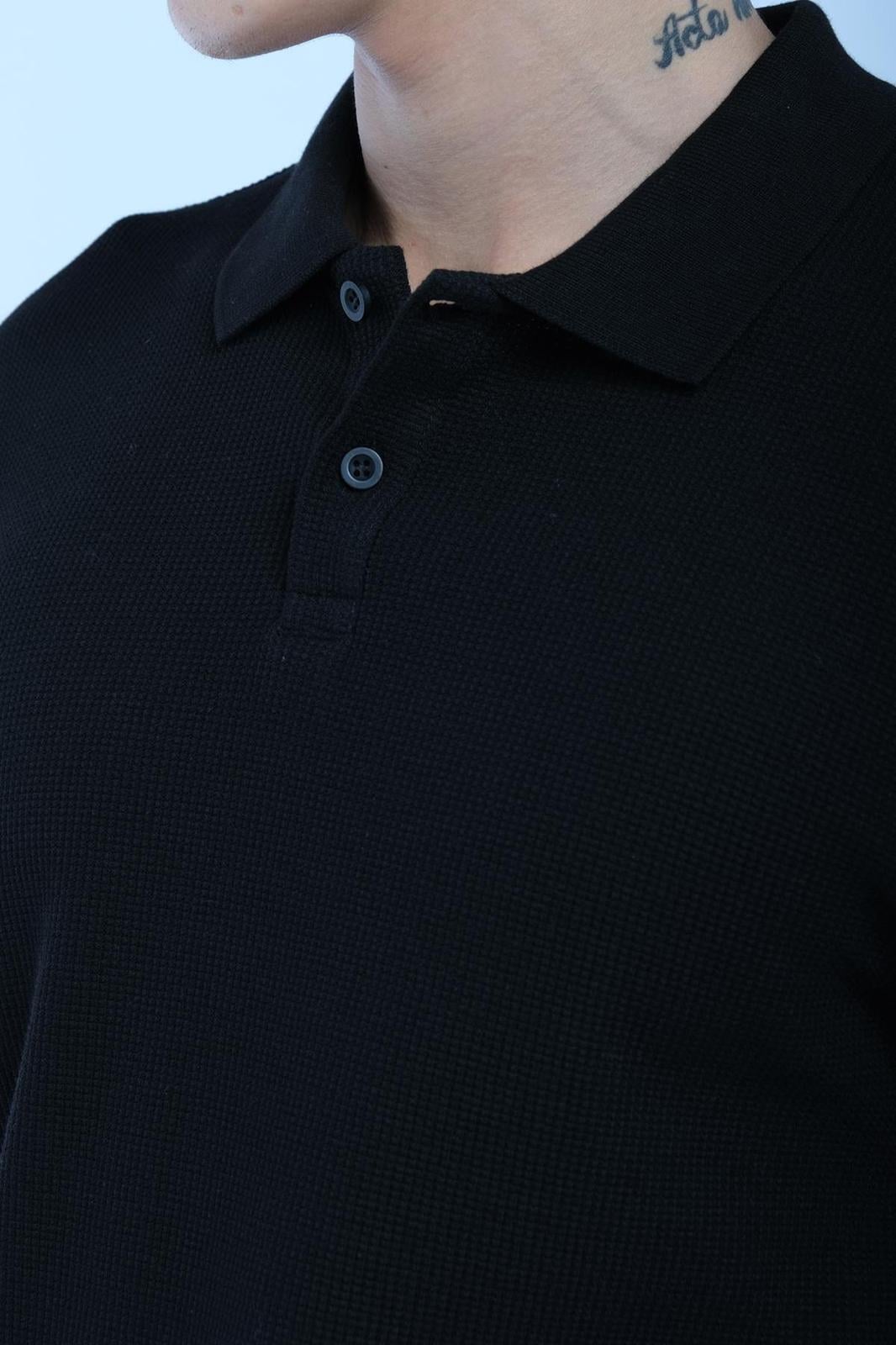 JS Polo Yaka Düğmeli Waffle Sweat Siyah