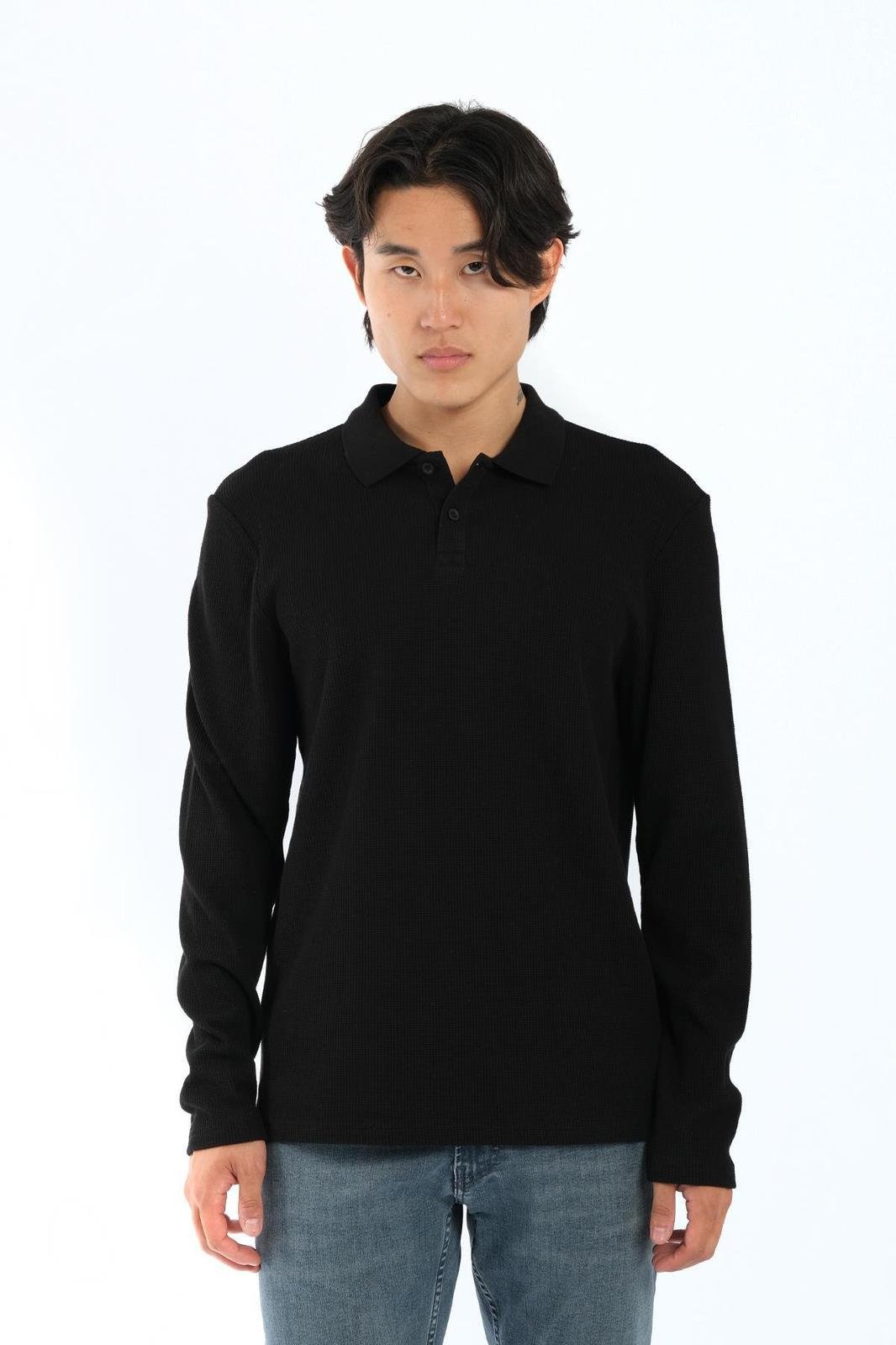 JS Polo Yaka Düğmeli Waffle Sweat Siyah