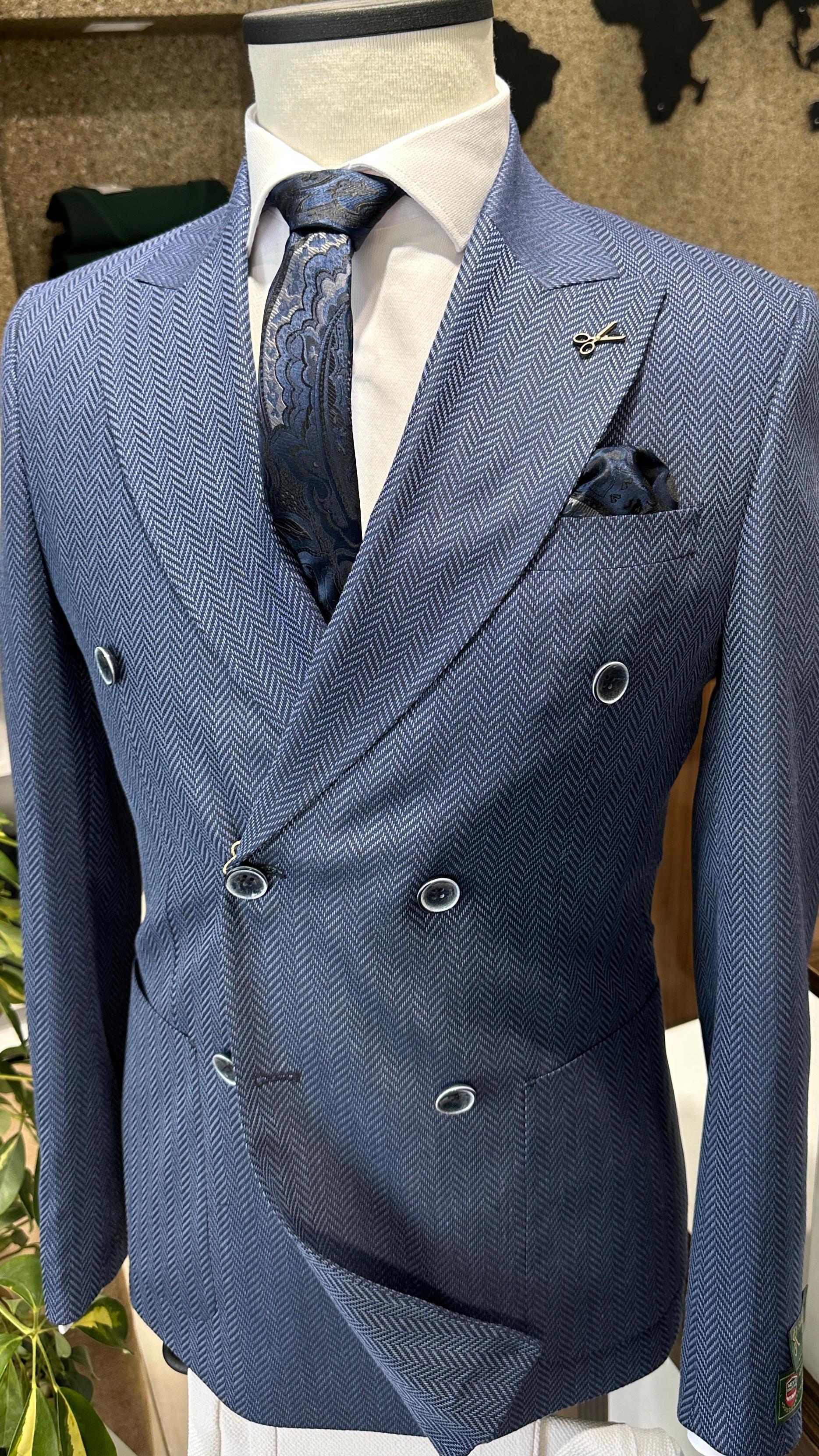 Lacivert Kruvaze Slim Fit Erkek Ceket (Astarsız)