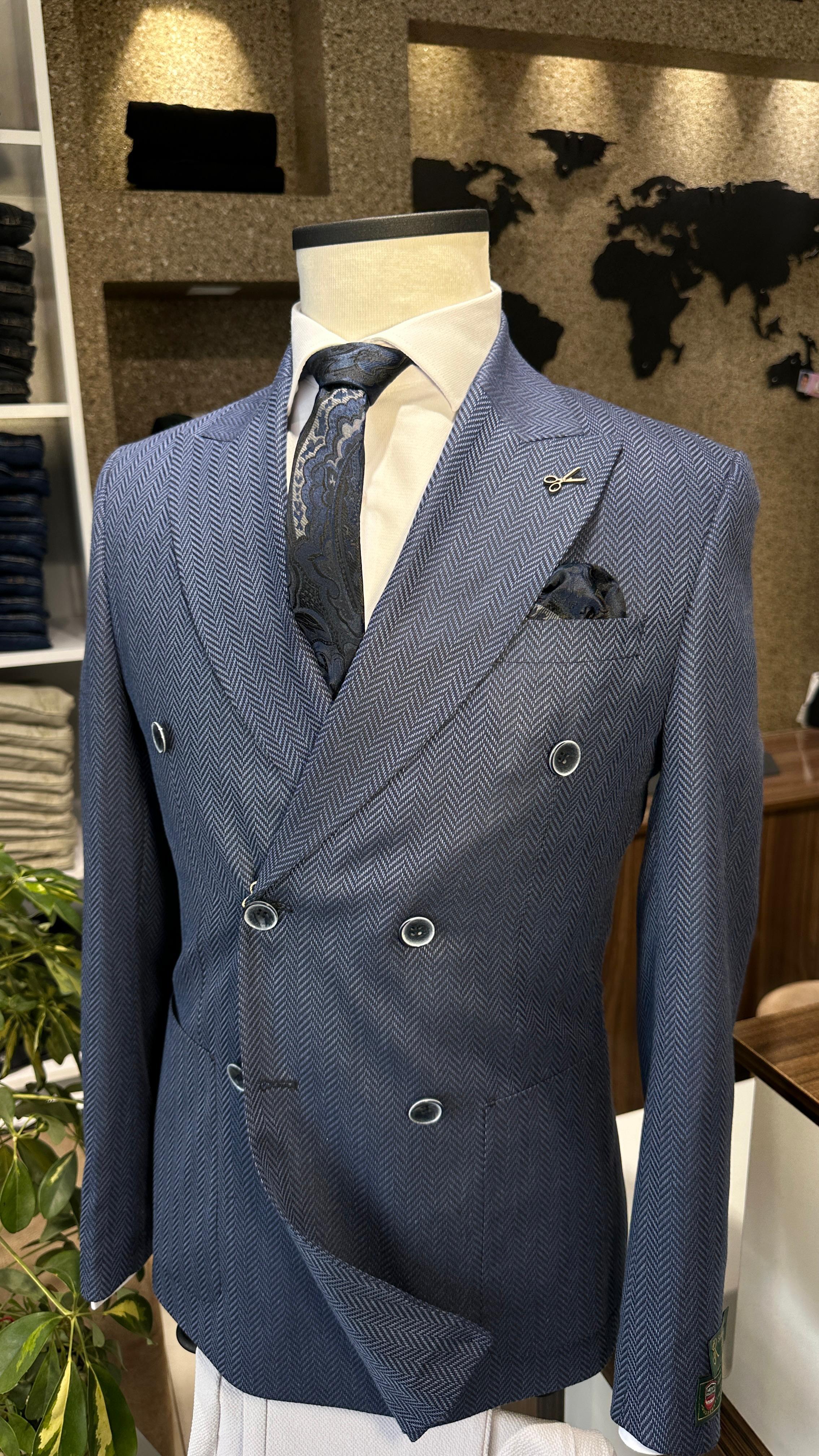 Lacivert Kruvaze Slim Fit Erkek Ceket (Astarsız)