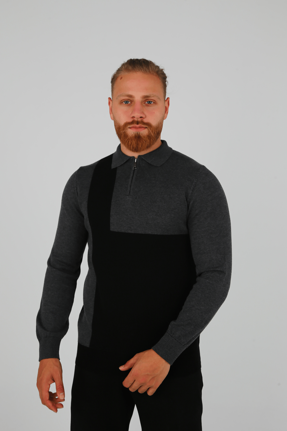 POLO YAKA FERMUARLI TRİKO SİYAH-GRİ