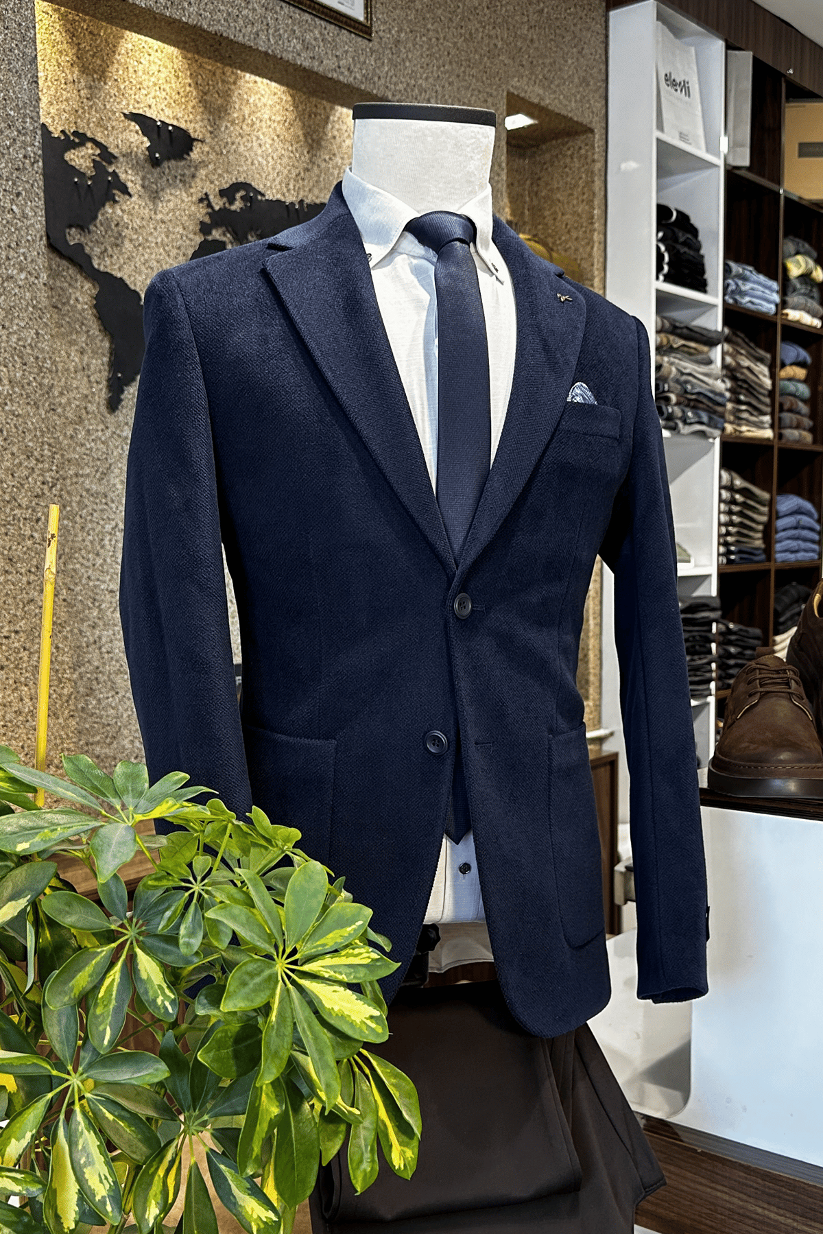 Slim Fit Çift Düğme Torba Cep Kadife Lacivert Erkek Ceket