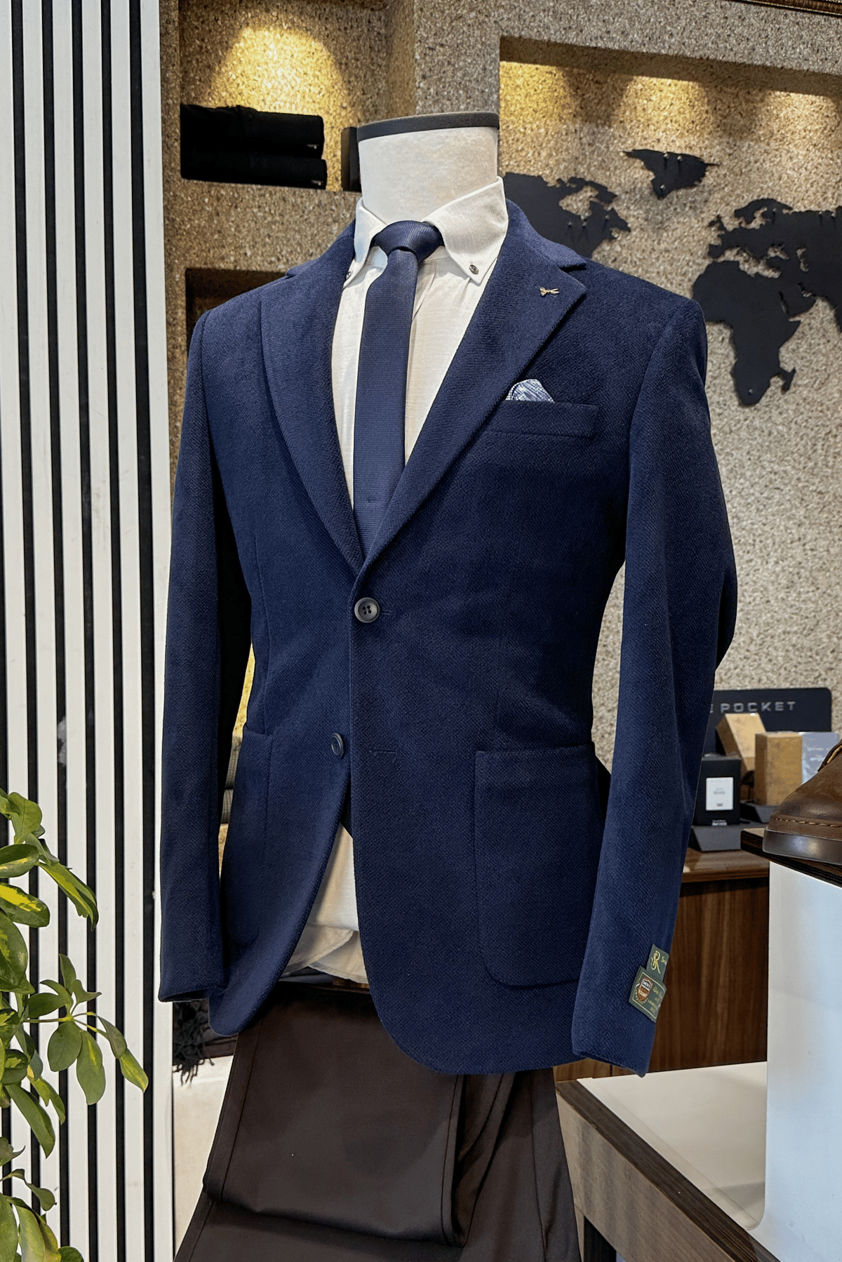Slim Fit Çift Düğme Torba Cep Kadife Lacivert Erkek Ceket