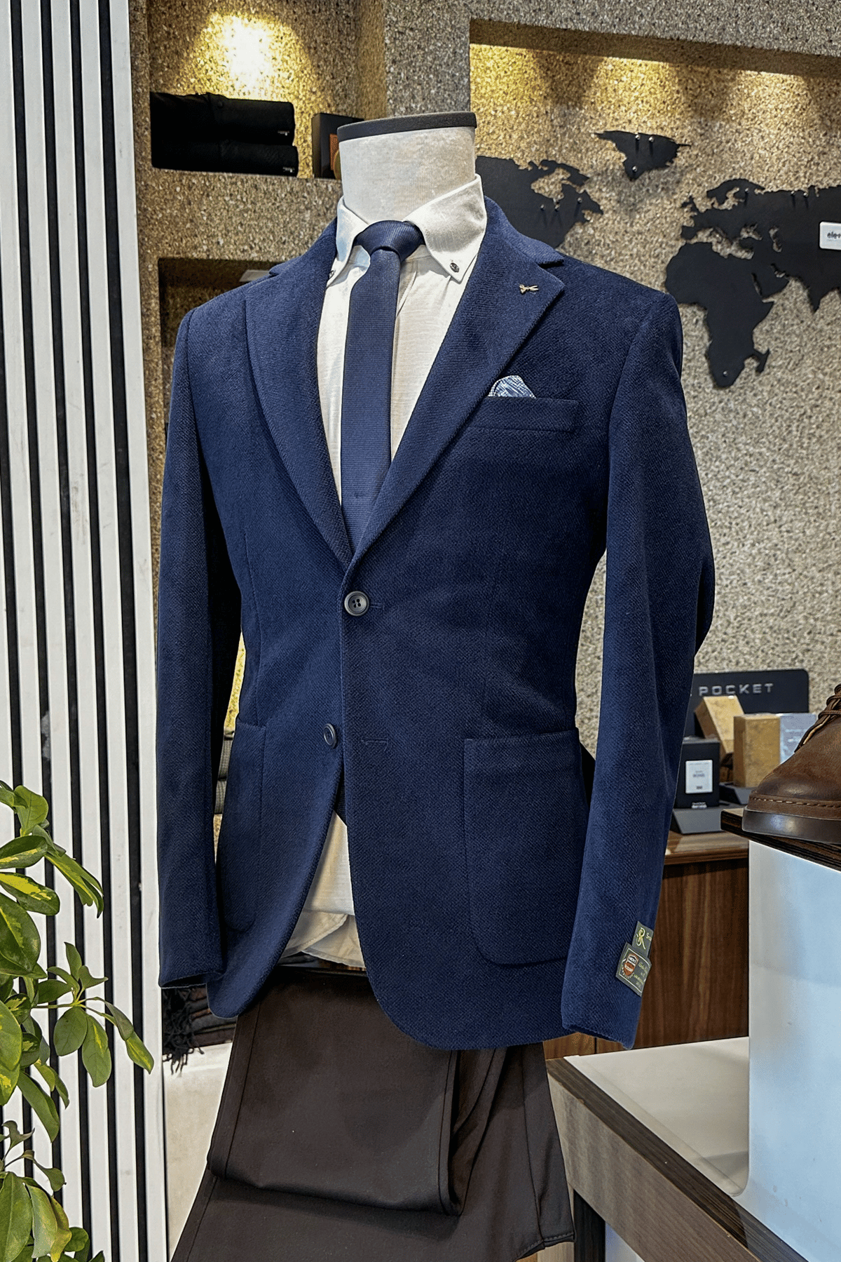 Slim Fit Çift Düğme Torba Cep Kadife Lacivert Erkek Ceket