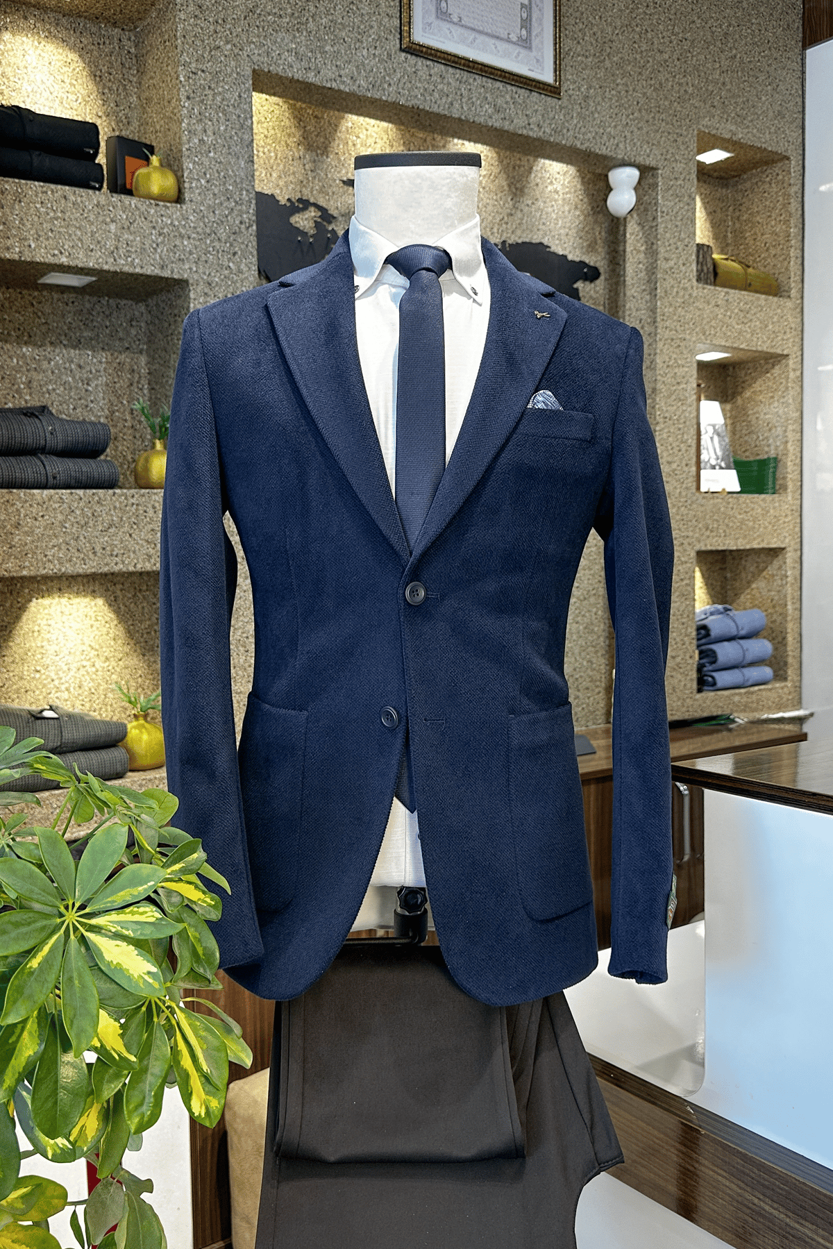 Slim Fit Çift Düğme Torba Cep Kadife Lacivert Erkek Ceket
