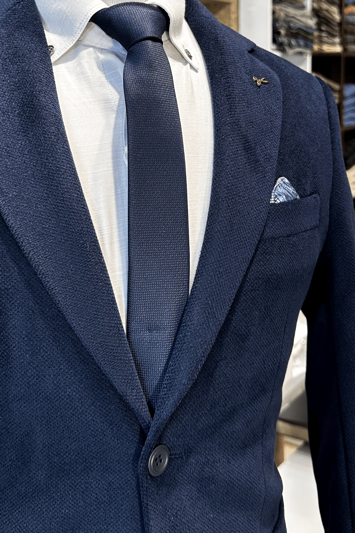 Slim Fit Çift Düğme Torba Cep Kadife Lacivert Erkek Ceket