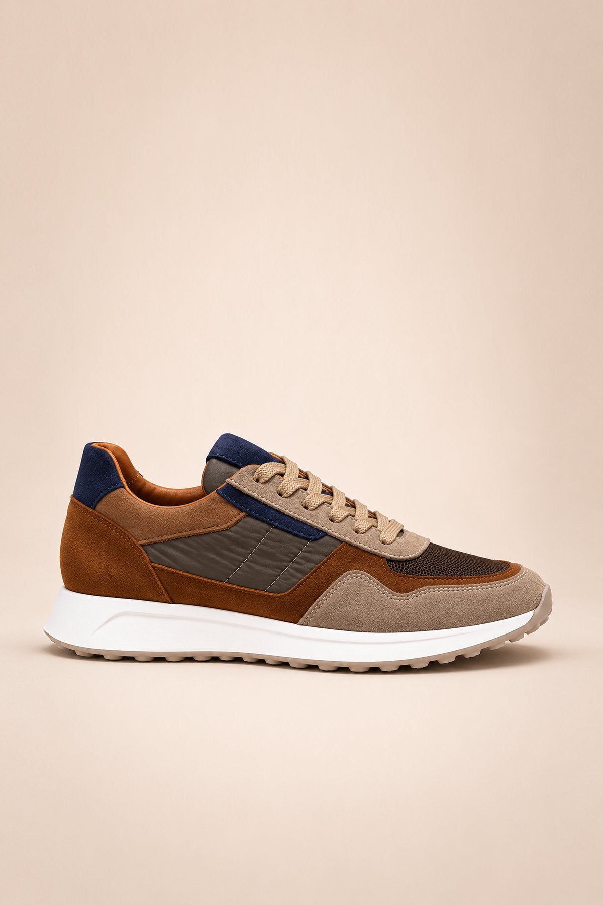 Süet Detaylı Hakiki Deri Erkek Sneaker -  EVA Taban - KUM