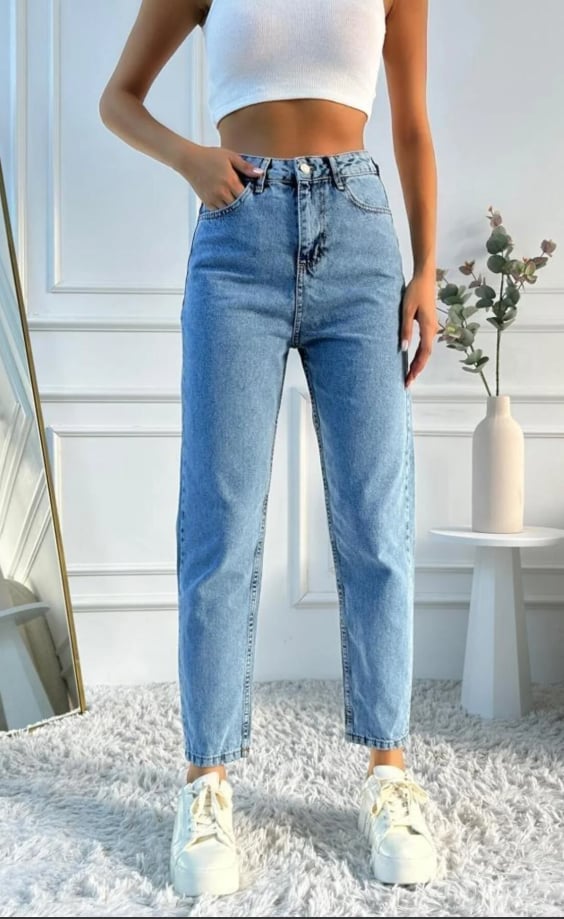  Kadın Mavi Kar Yıkama Süper Yüksek Bel Comfort Likralı Mom Kot Pantalon Jeans