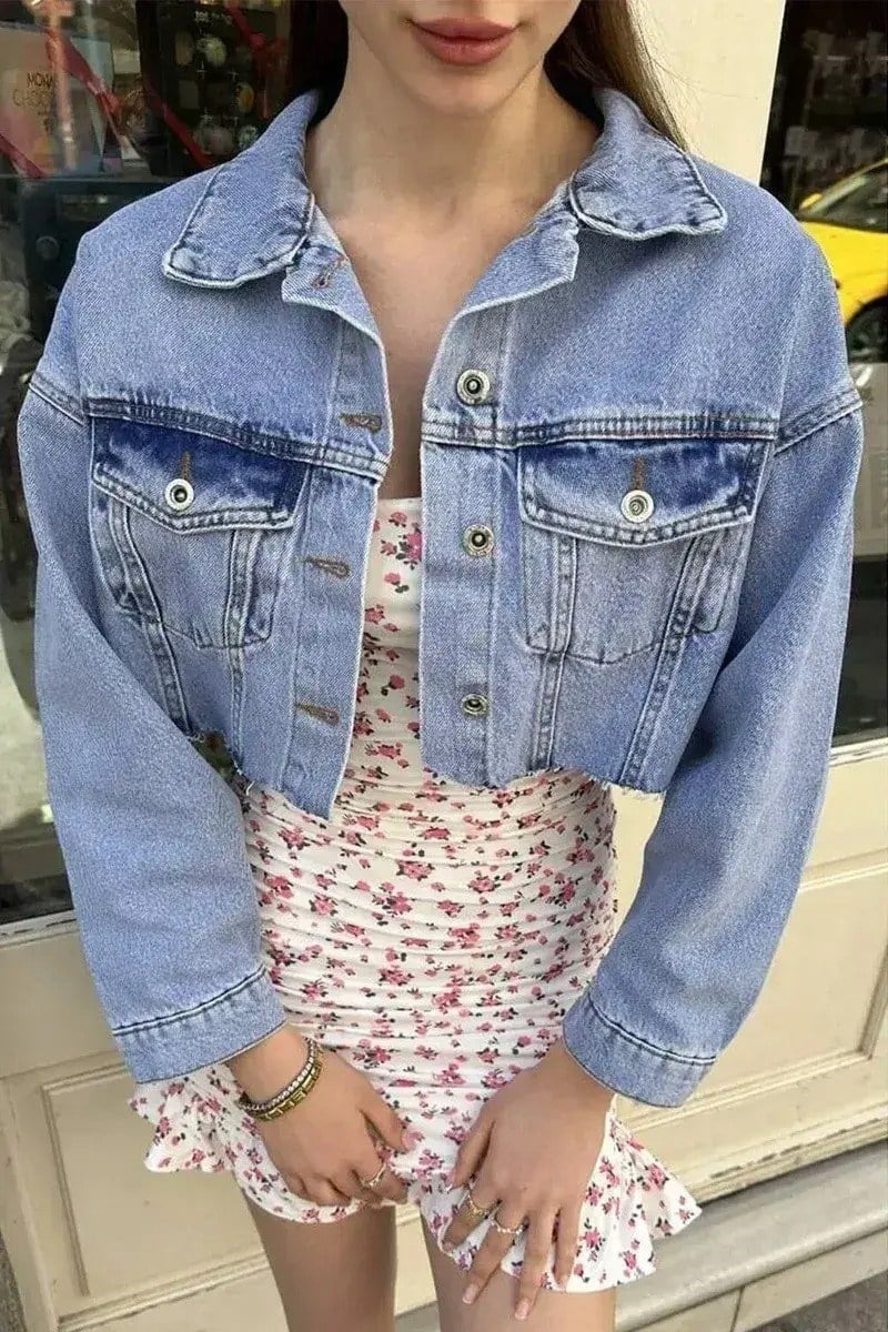 Açık Mavi Kesik Detaylı Crop Ceket