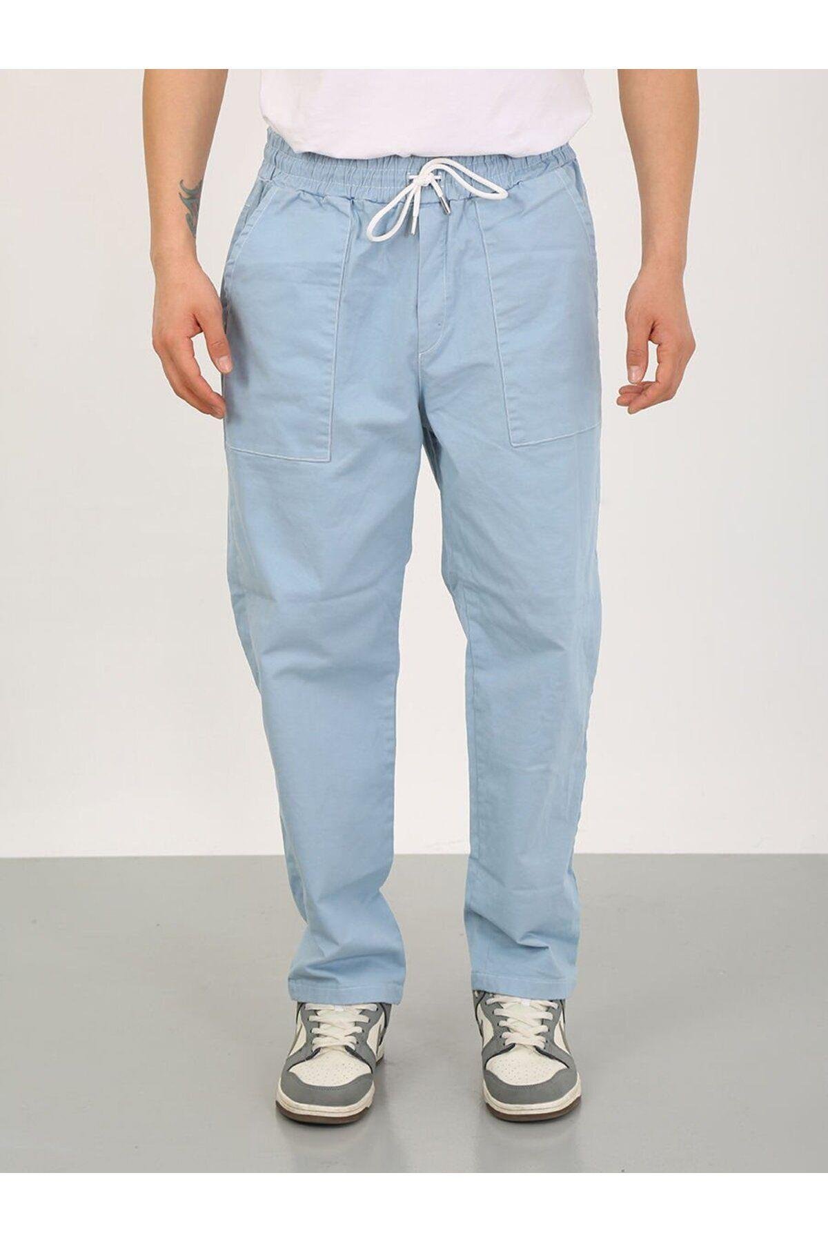 Açık Mavi Oversize Premium Sewing Cepli Yürüyüş Pantolonu-M - Açık Mavi