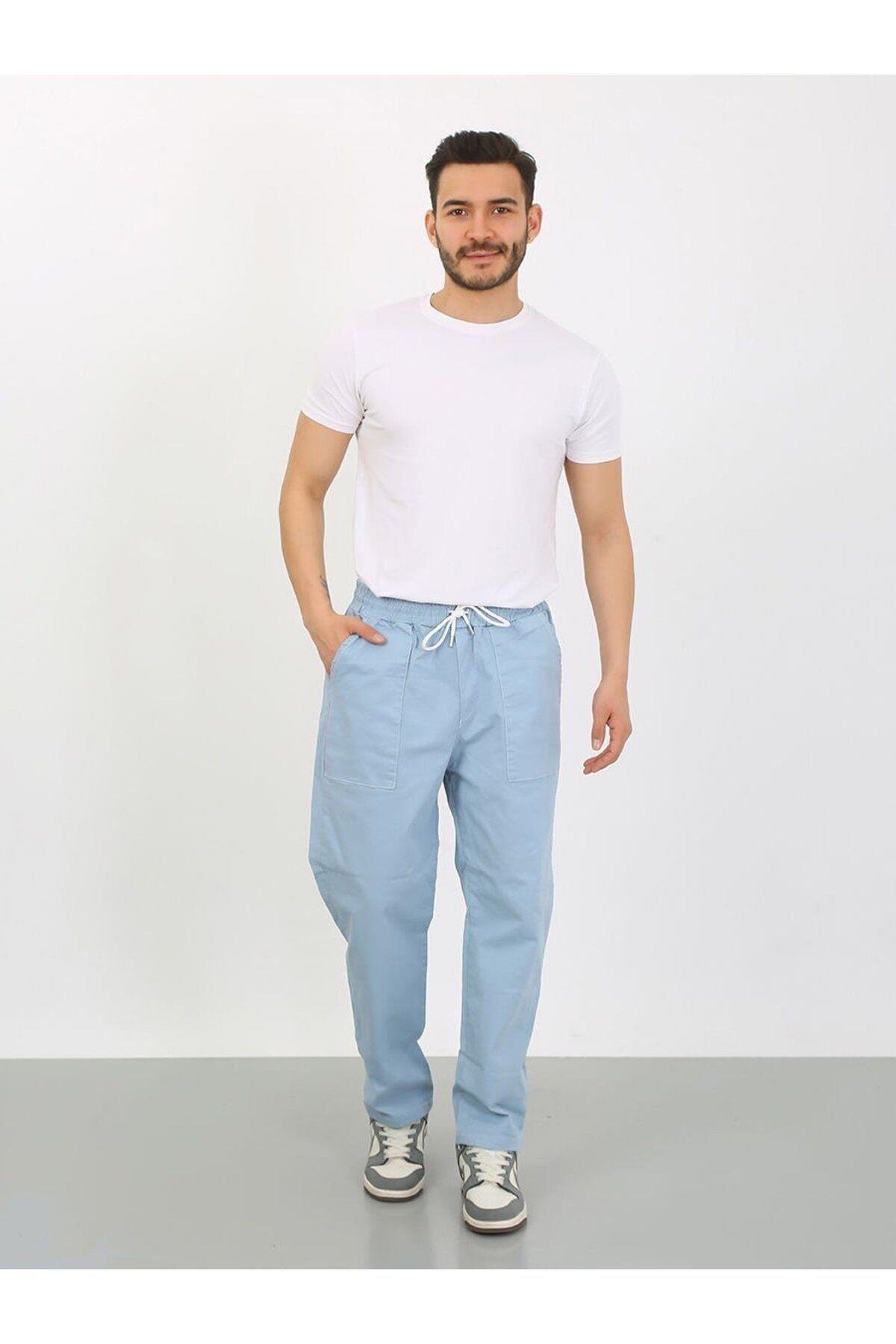 Açık Mavi Oversize Premium Sewing Cepli Yürüyüş Pantolonu-M - Açık Mavi
