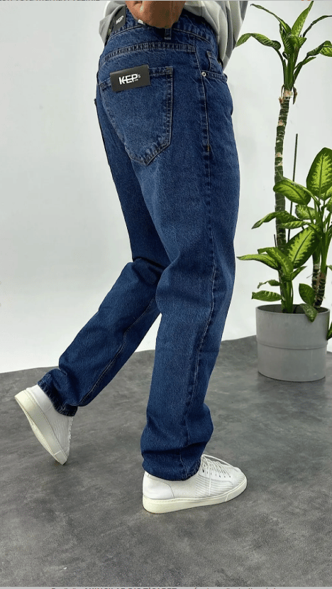 Baggy Koyu Mavi Renk Eskitme Kot Pantolon