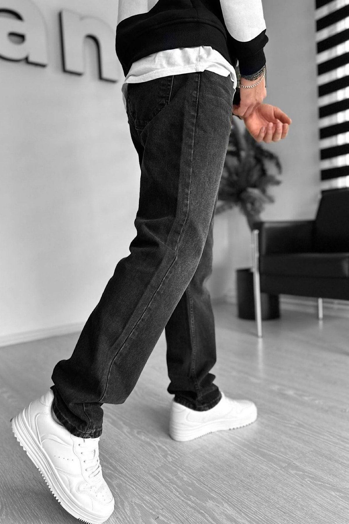 Baggy Siyah Taşlamalı Bol Kesim Kot Pantolon