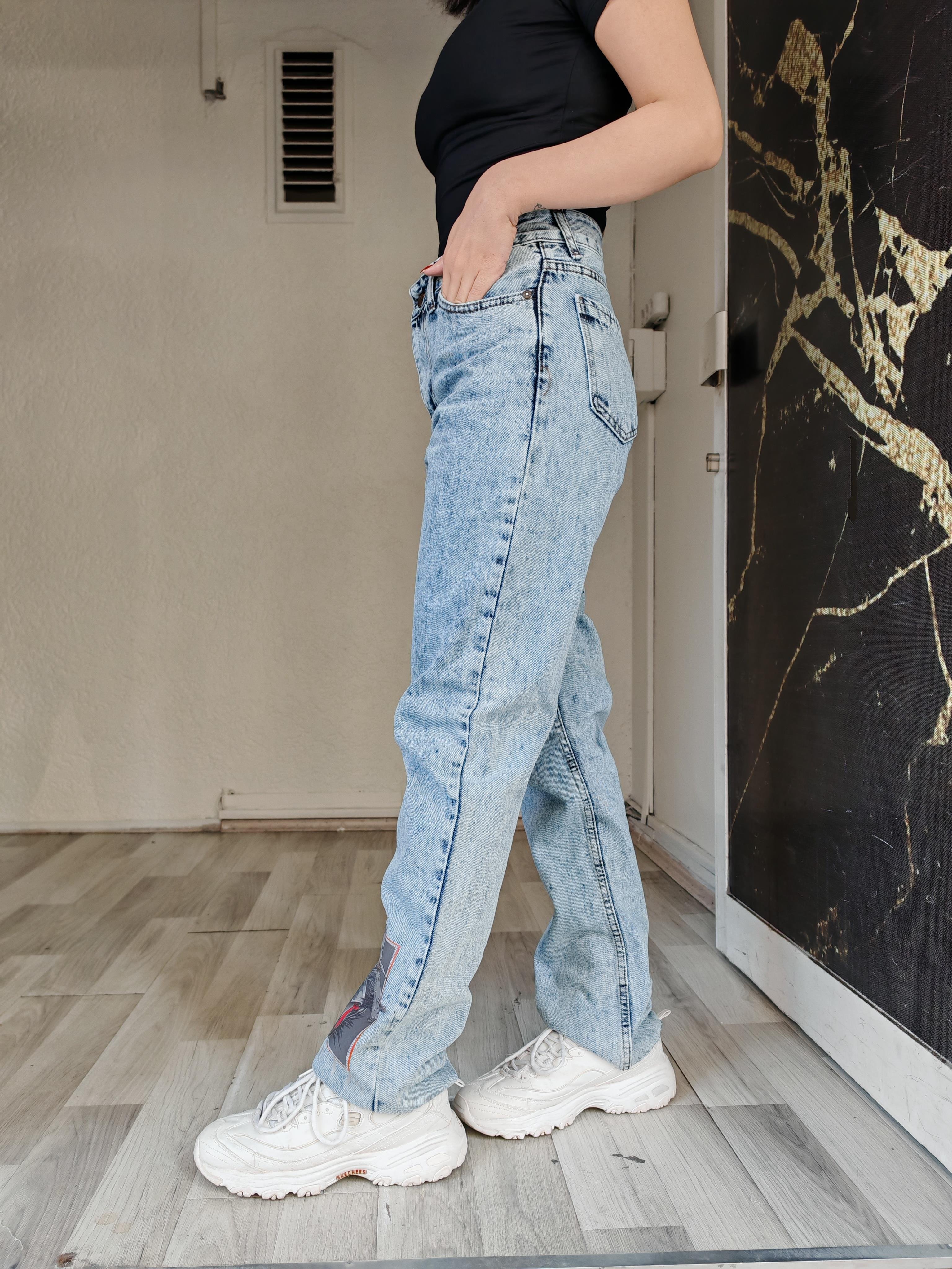 Baskılı buz mavi palazzo kadın jean  pantolon