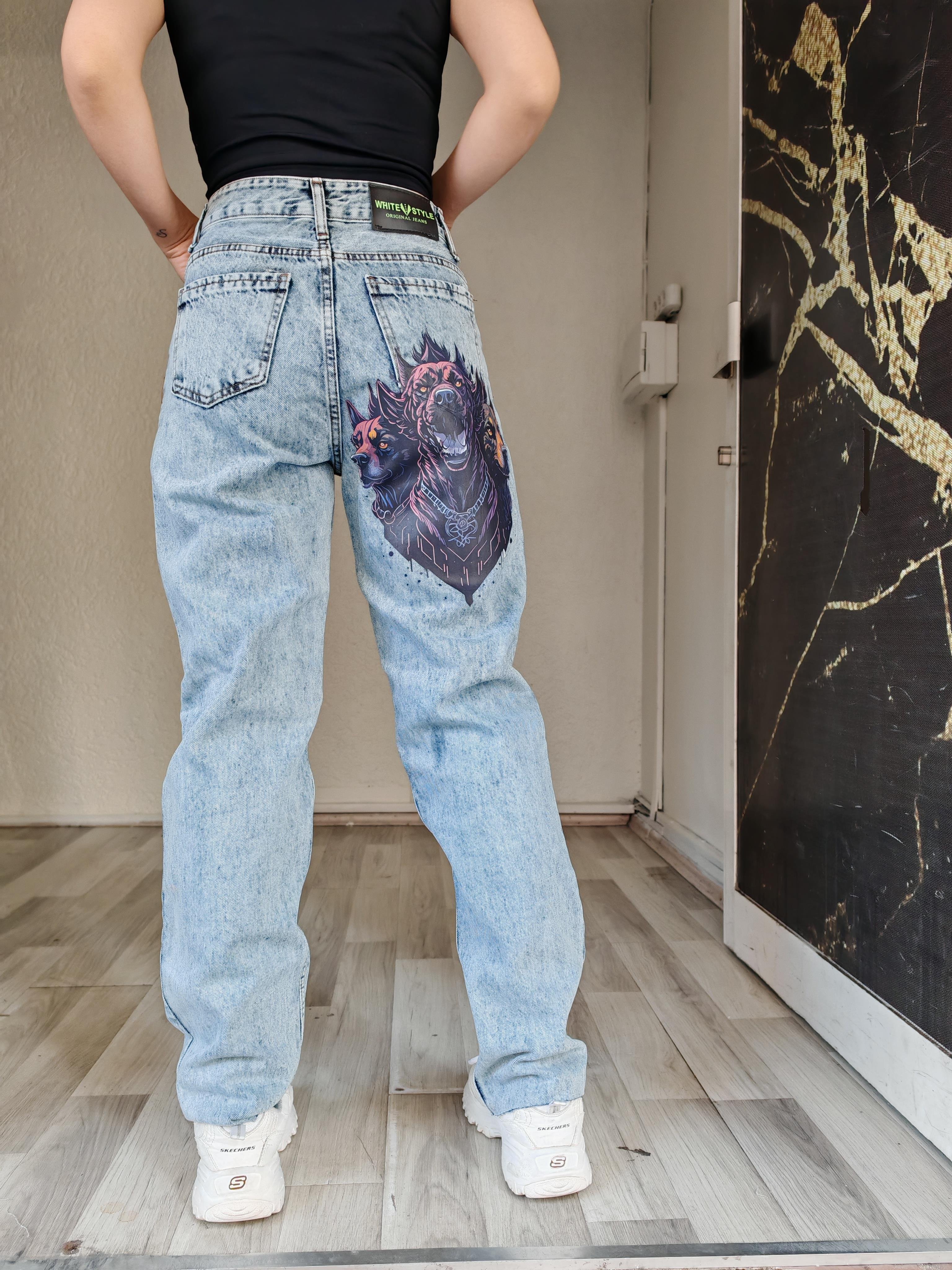 Baskılı buz mavi palazzo kadın jean  pantolon