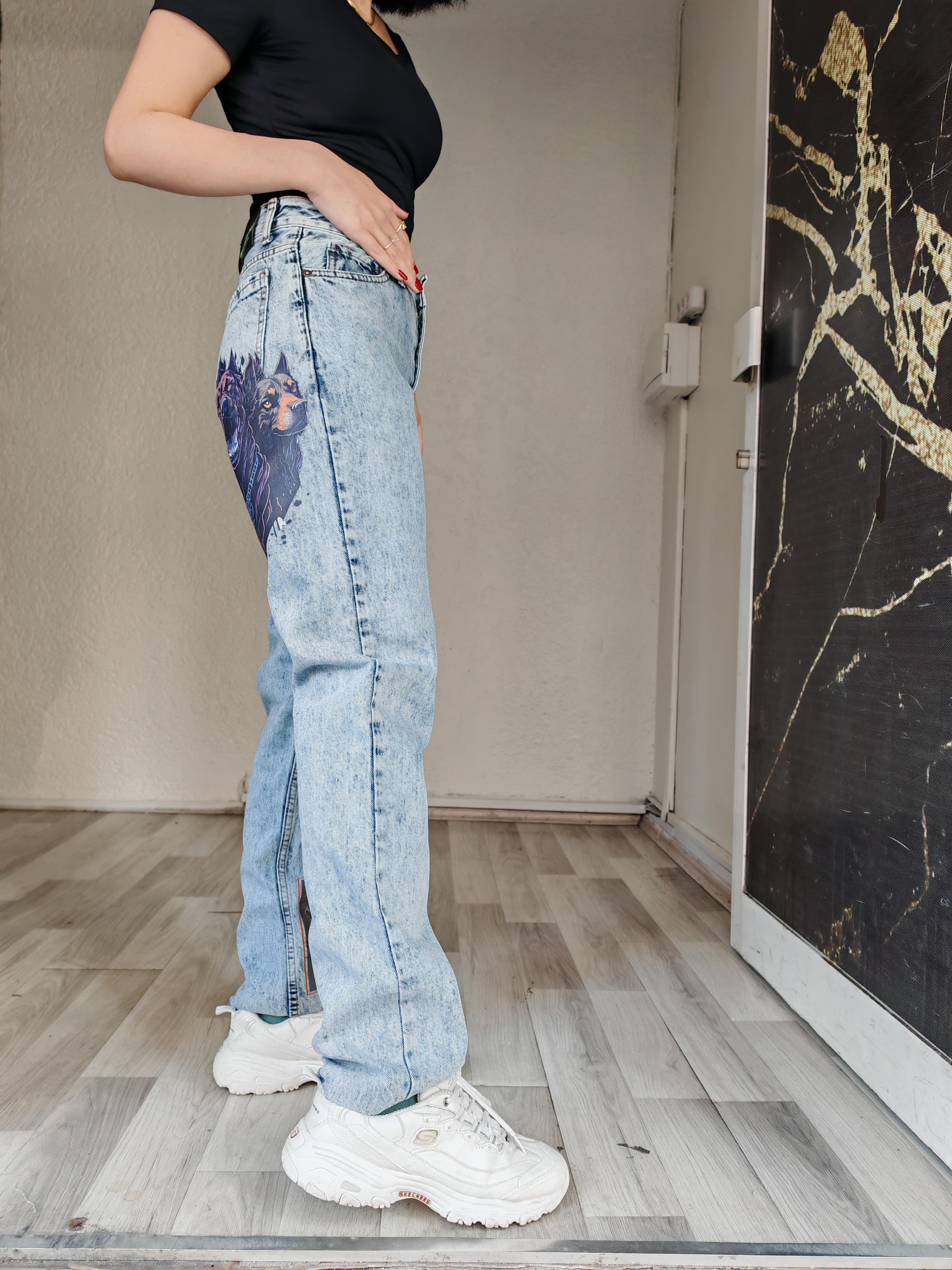 Baskılı buz mavi palazzo kadın jean  pantolon