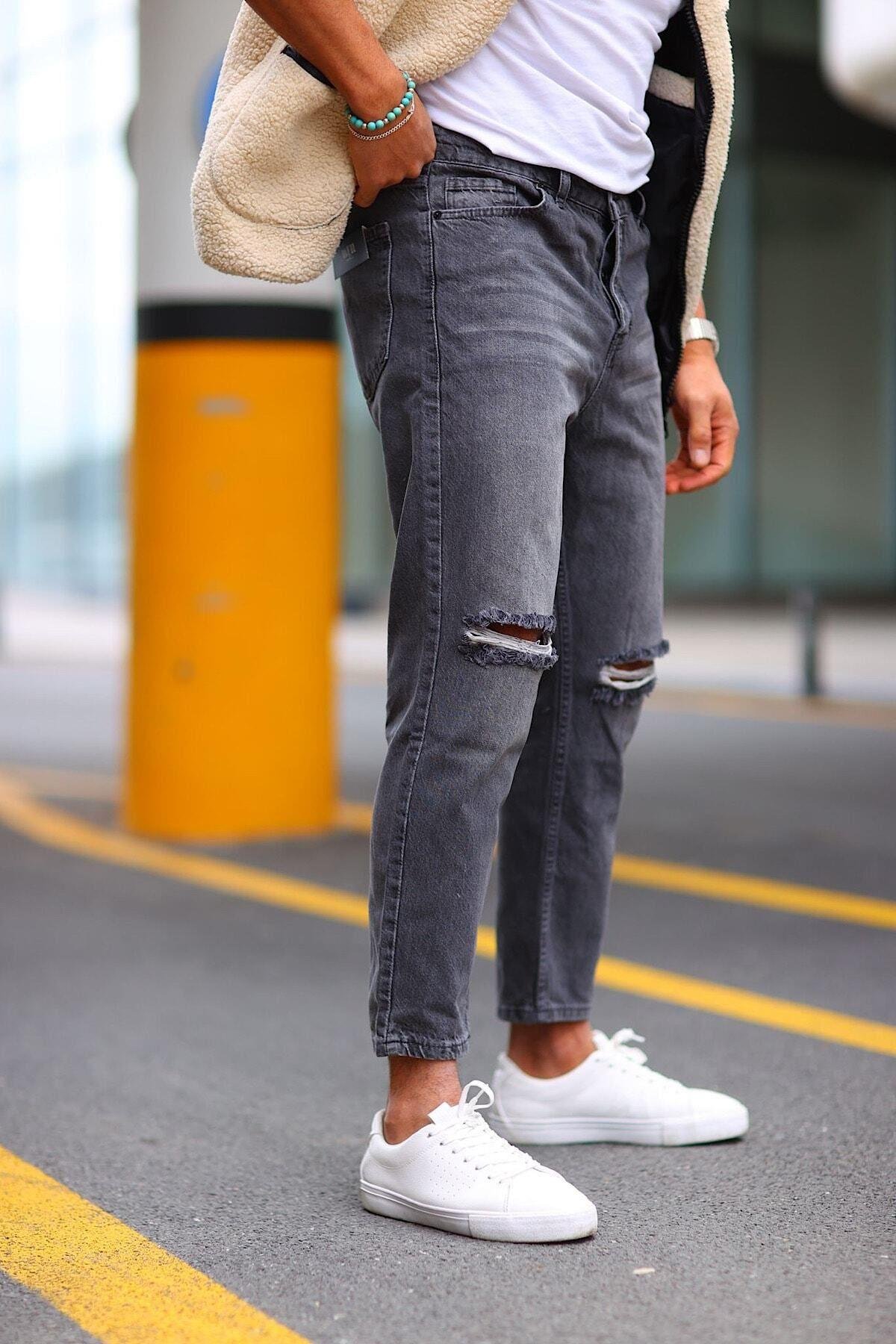 Boyfriend Diz Yırtık Gri Renk Kot Pantolon