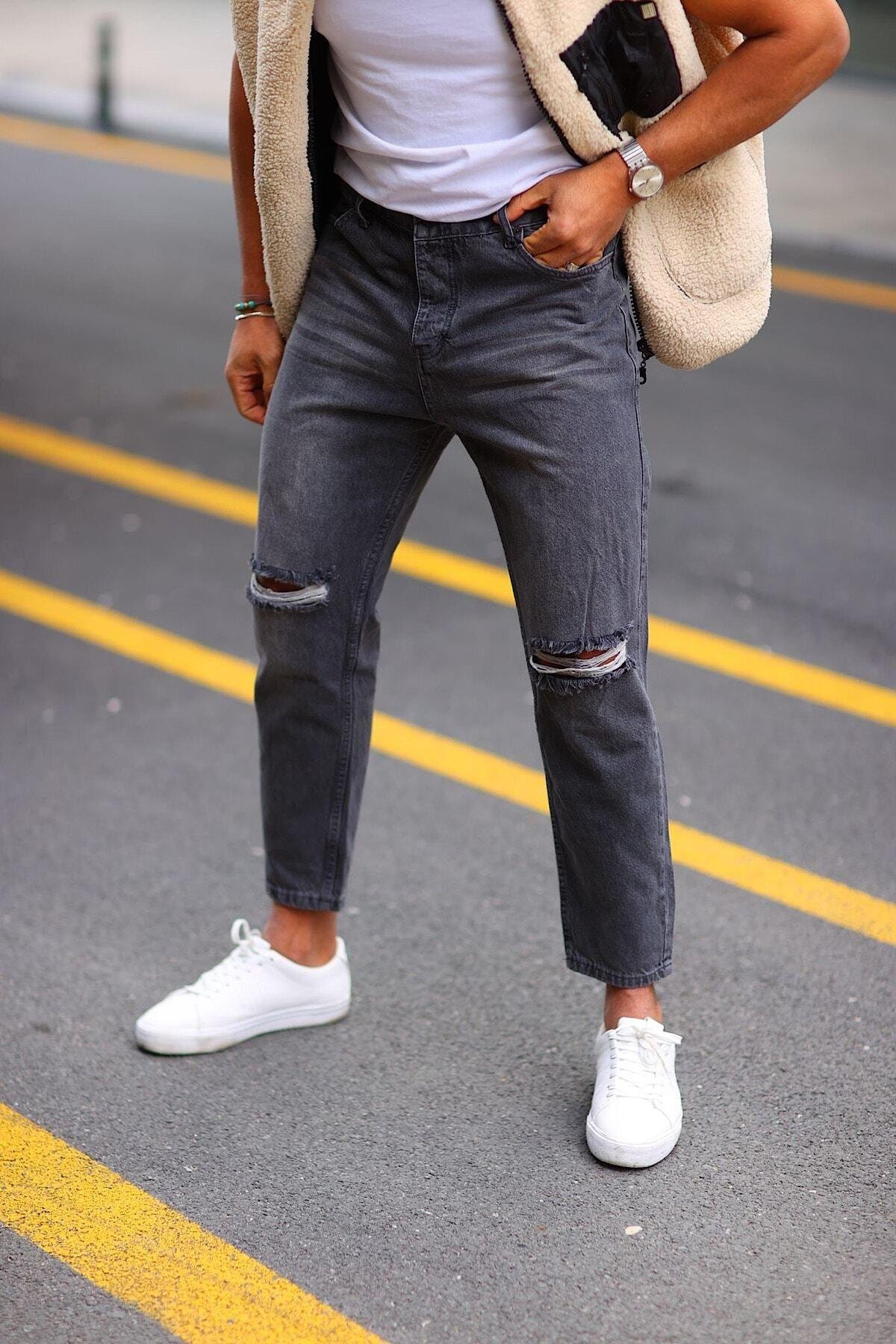 Boyfriend Diz Yırtık Gri Renk Kot Pantolon
