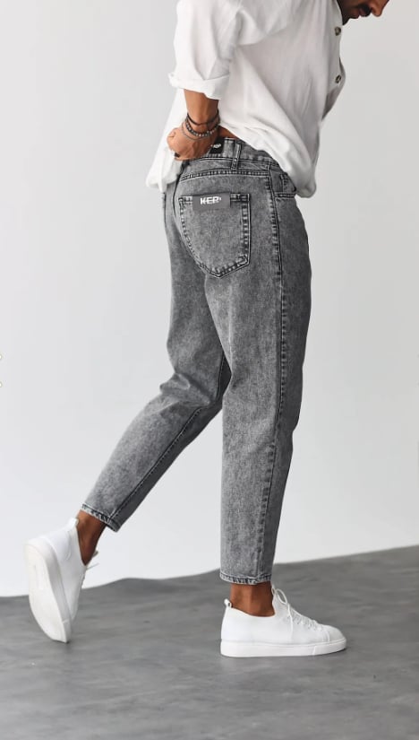 Boyfriend Gri Renk Asit Yıkamlı Eskitme Kot Pantolon
