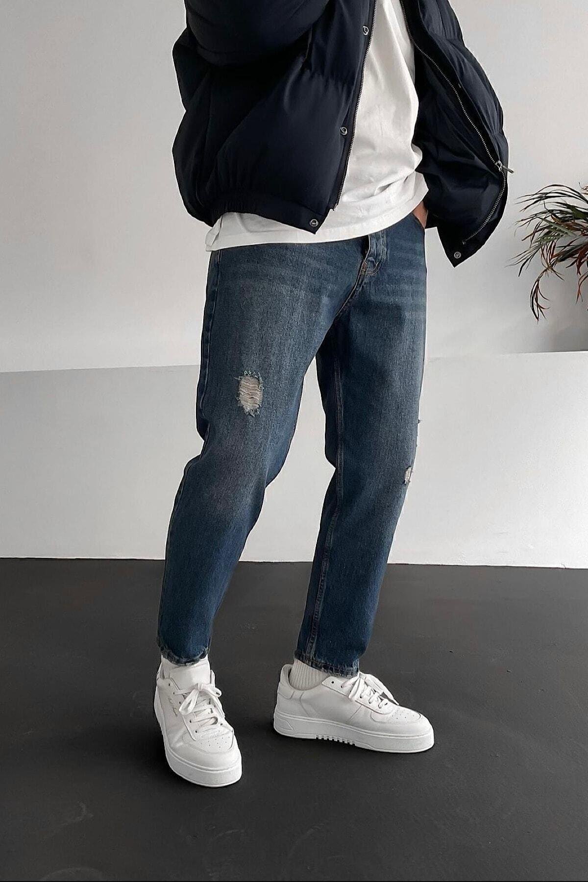 Boyfriend Rahat Kalıp Mavi Taşlamalı Kot Pantolon