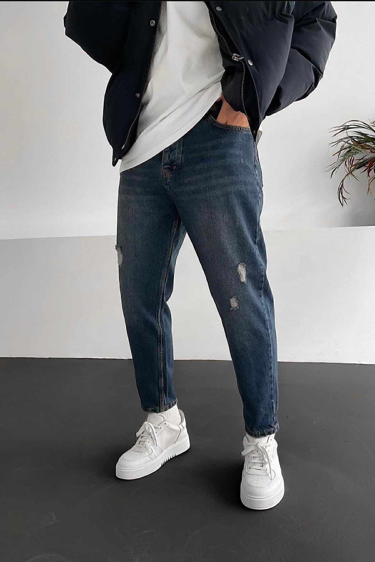 Boyfriend Rahat Kalıp Mavi Taşlamalı Kot Pantolon