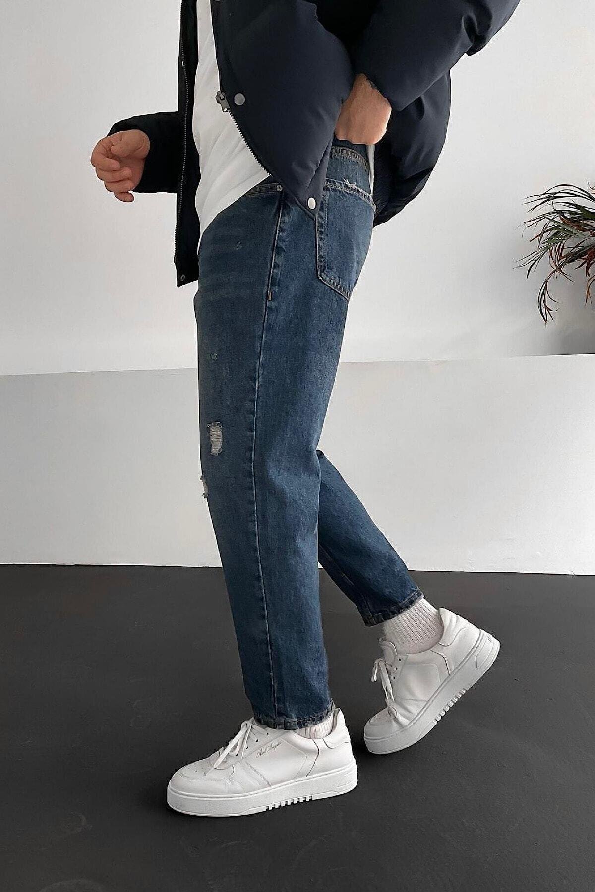 Boyfriend Rahat Kalıp Mavi Taşlamalı Kot Pantolon