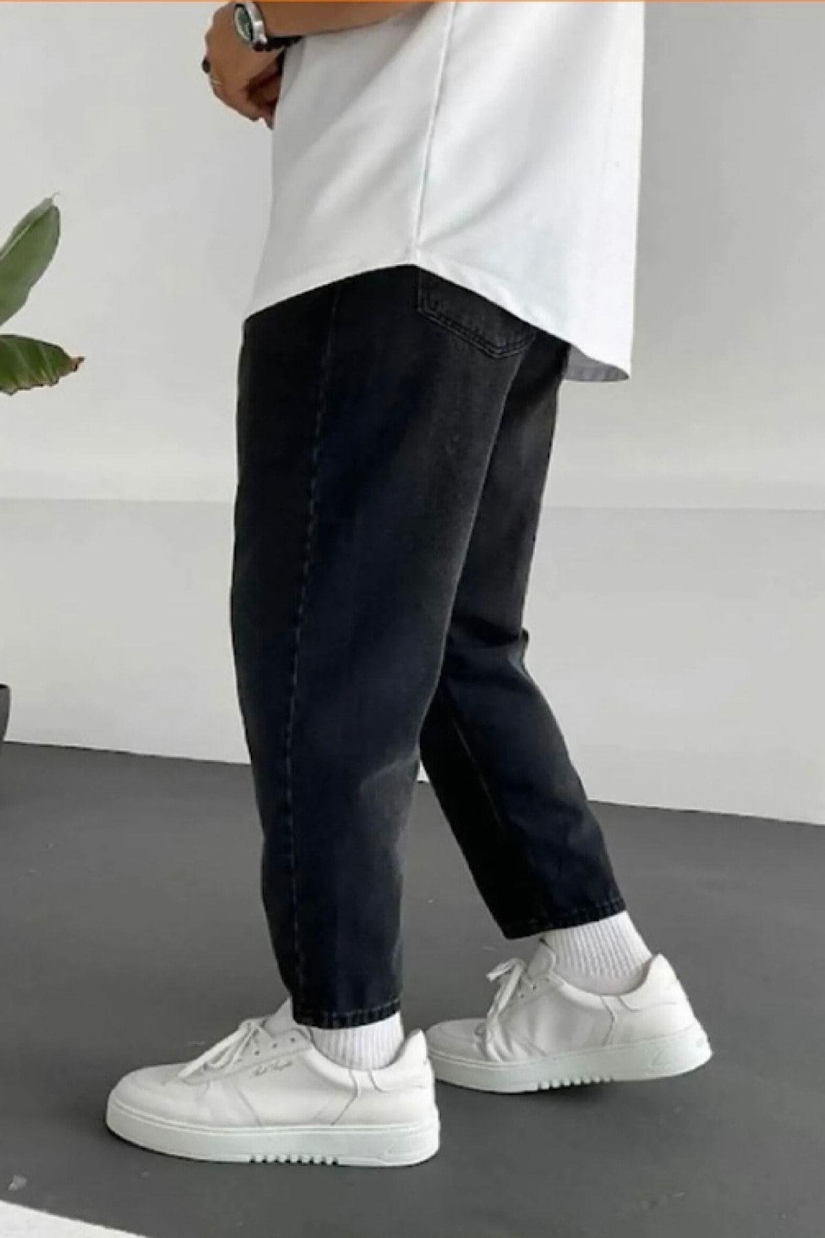 Boyfriend Rahat Kalıp Siyah Taşlamalı Kot Pantolon