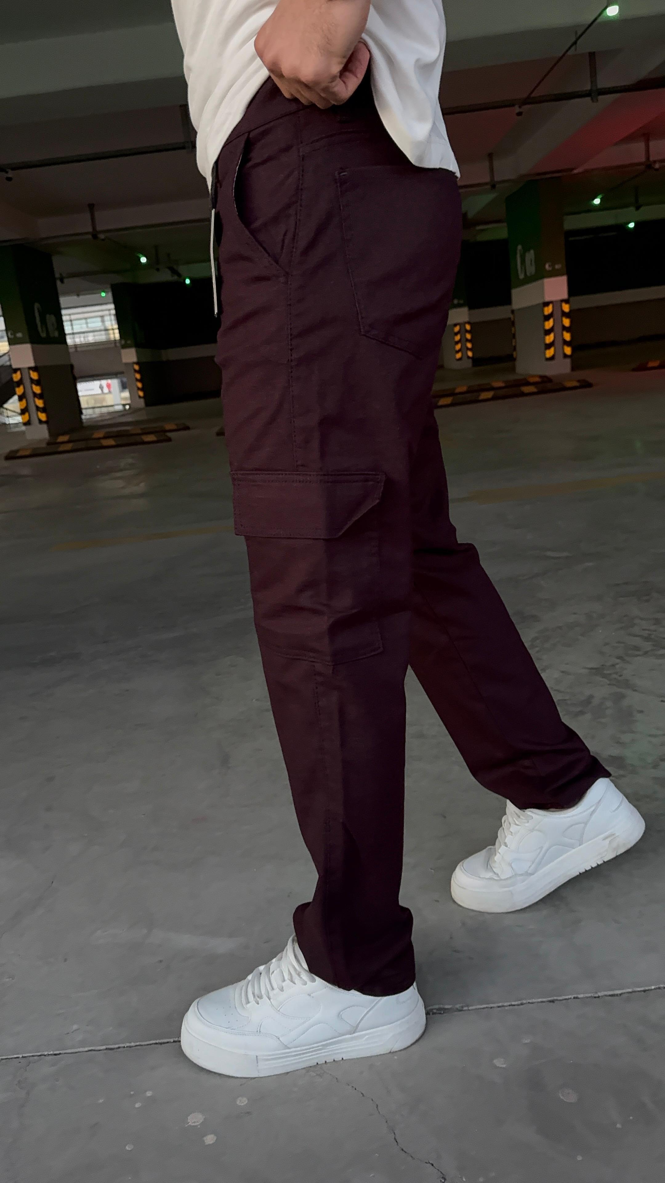 Erkek Bordo Kargo Cep Baggy Jeans