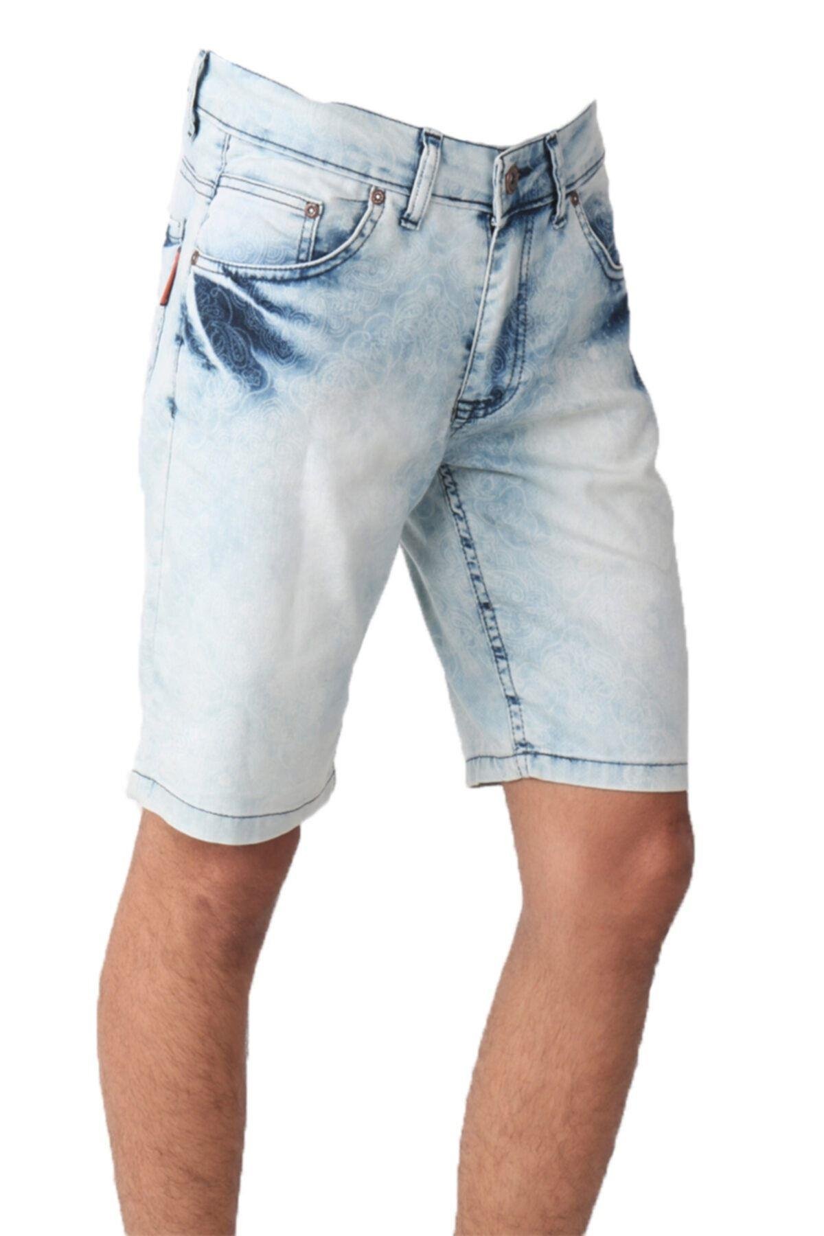Erkek Denim Baskılı Halka Desenli Açık Mavi Şort