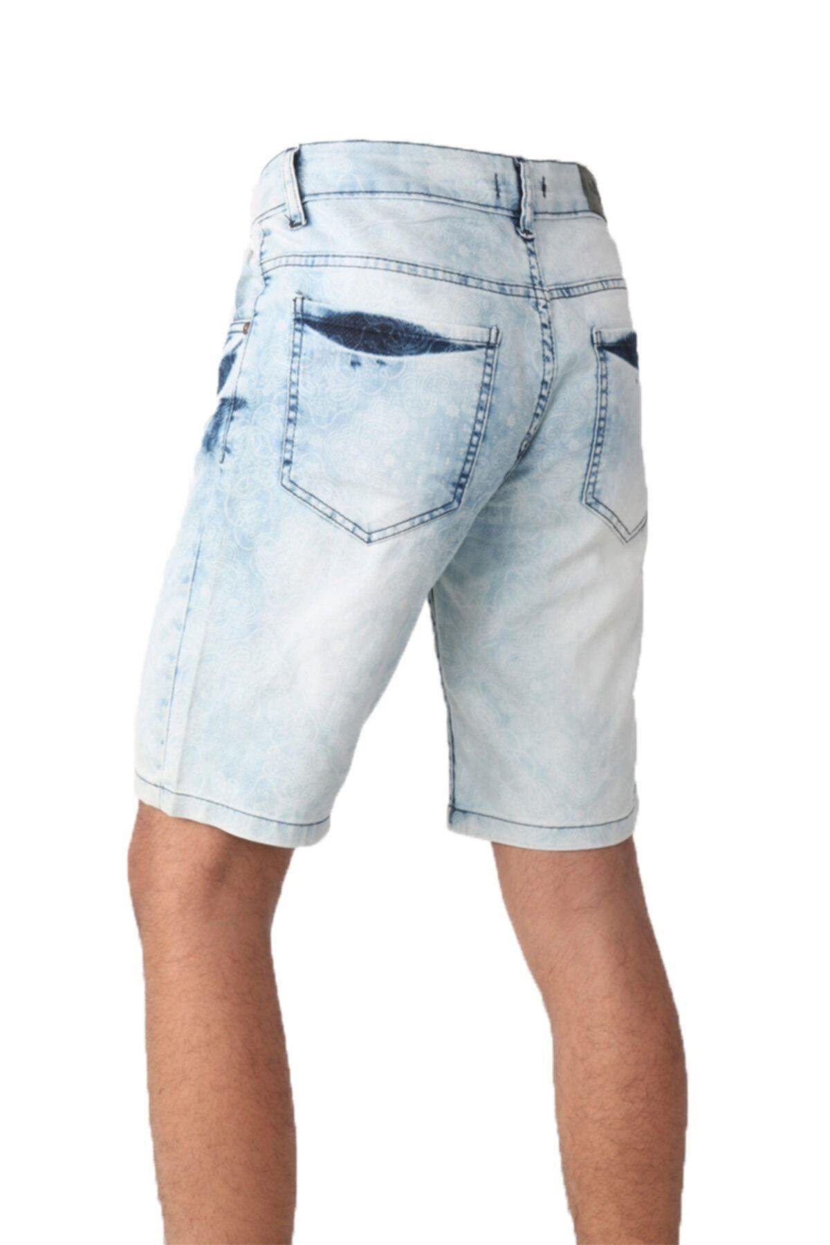 Erkek Denim Baskılı Halka Desenli Açık Mavi Şort