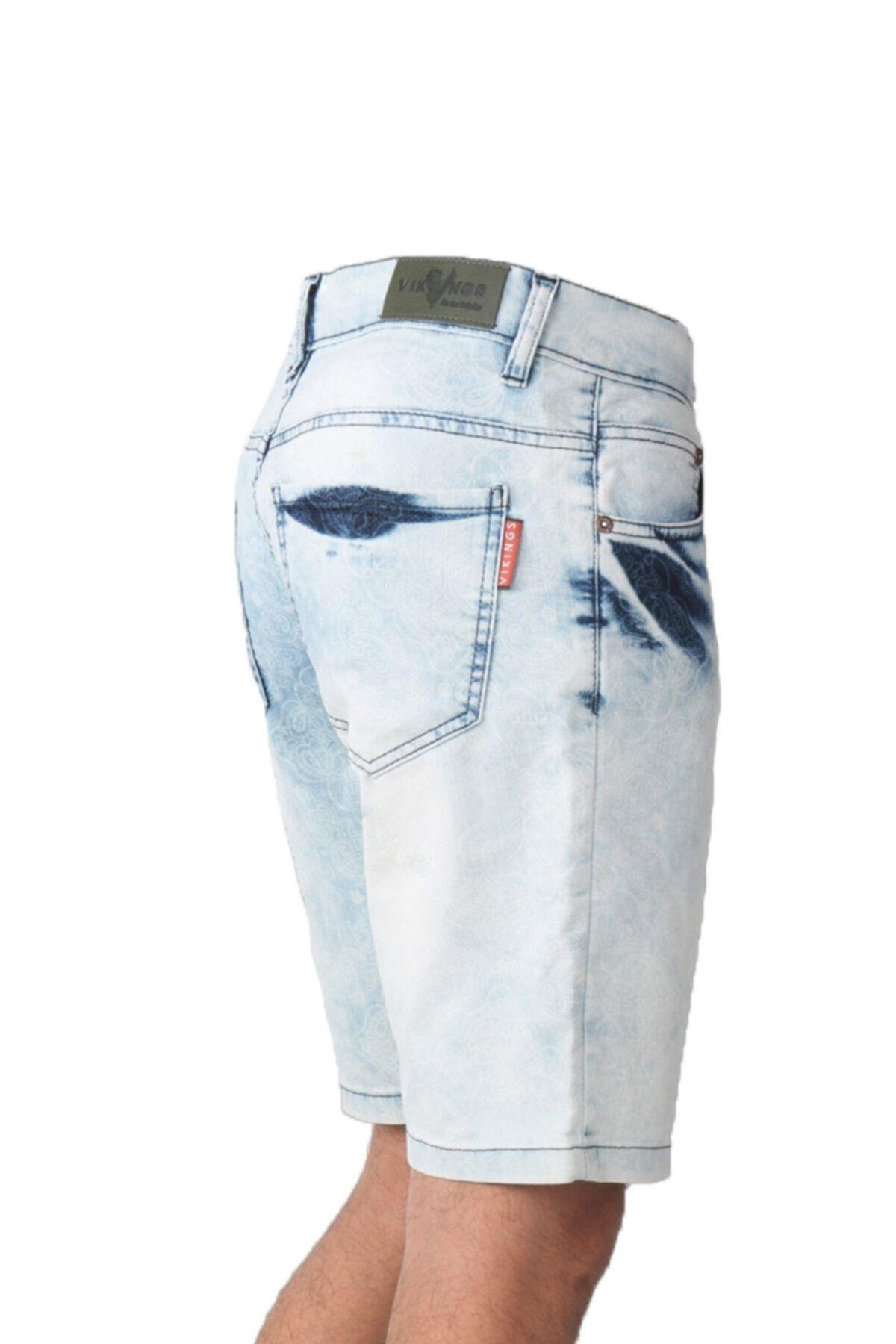 Erkek Denim Baskılı Halka Desenli Açık Mavi Şort