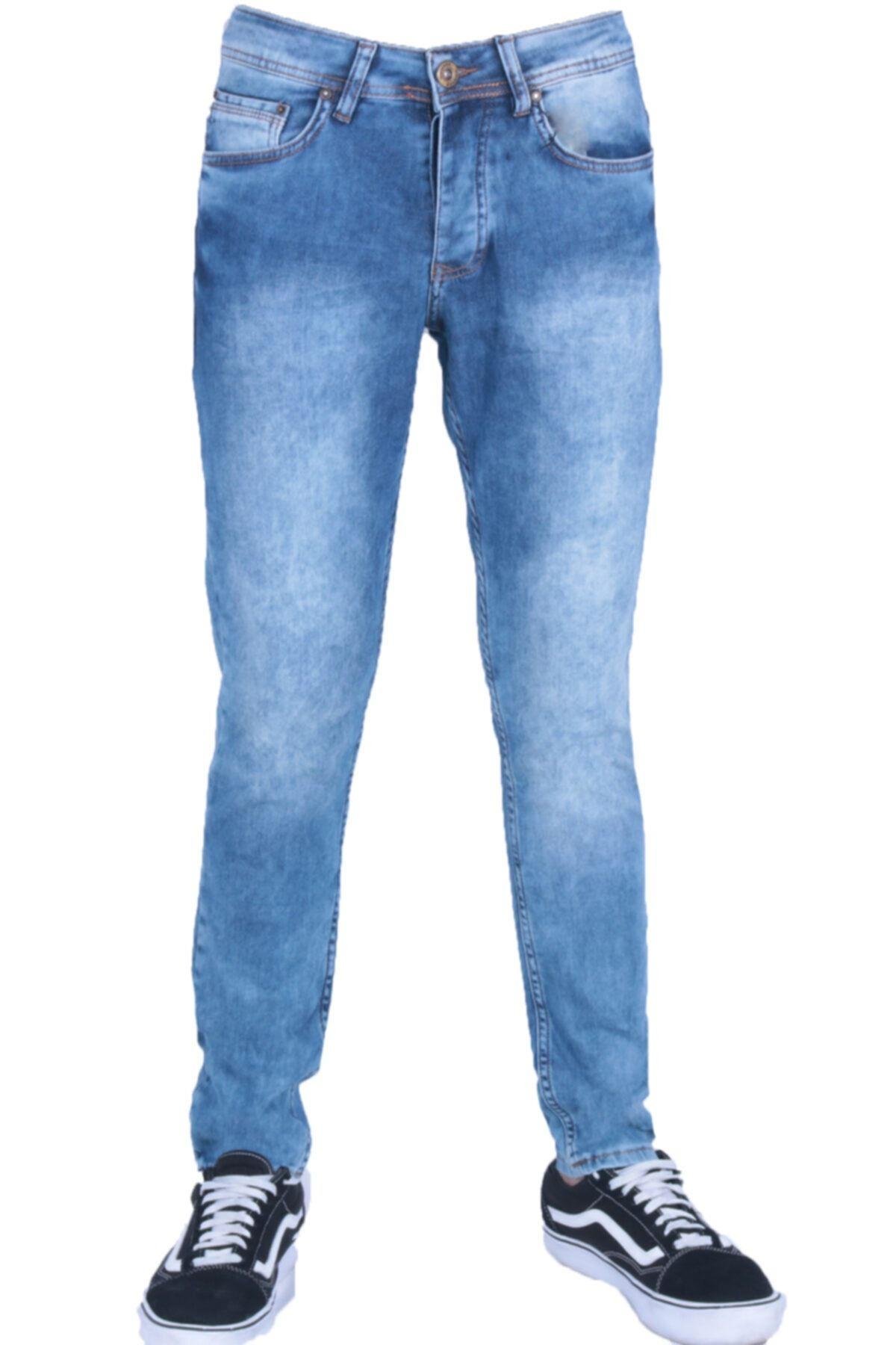 Erkek Denim Jeans Mavi Örme Kot Pantolon