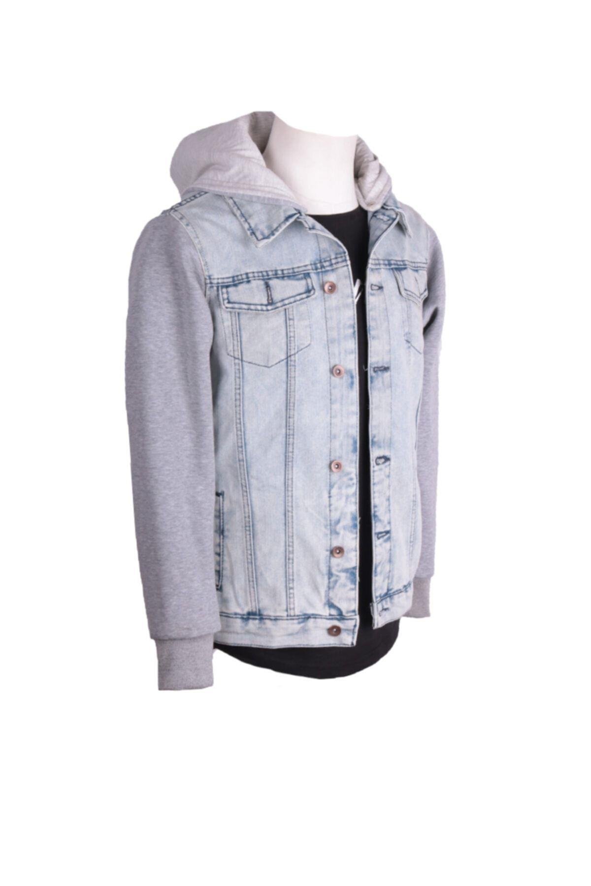 Erkek Denim Kapüşonlu Mont Trend Buz Mavi Kot Ceket