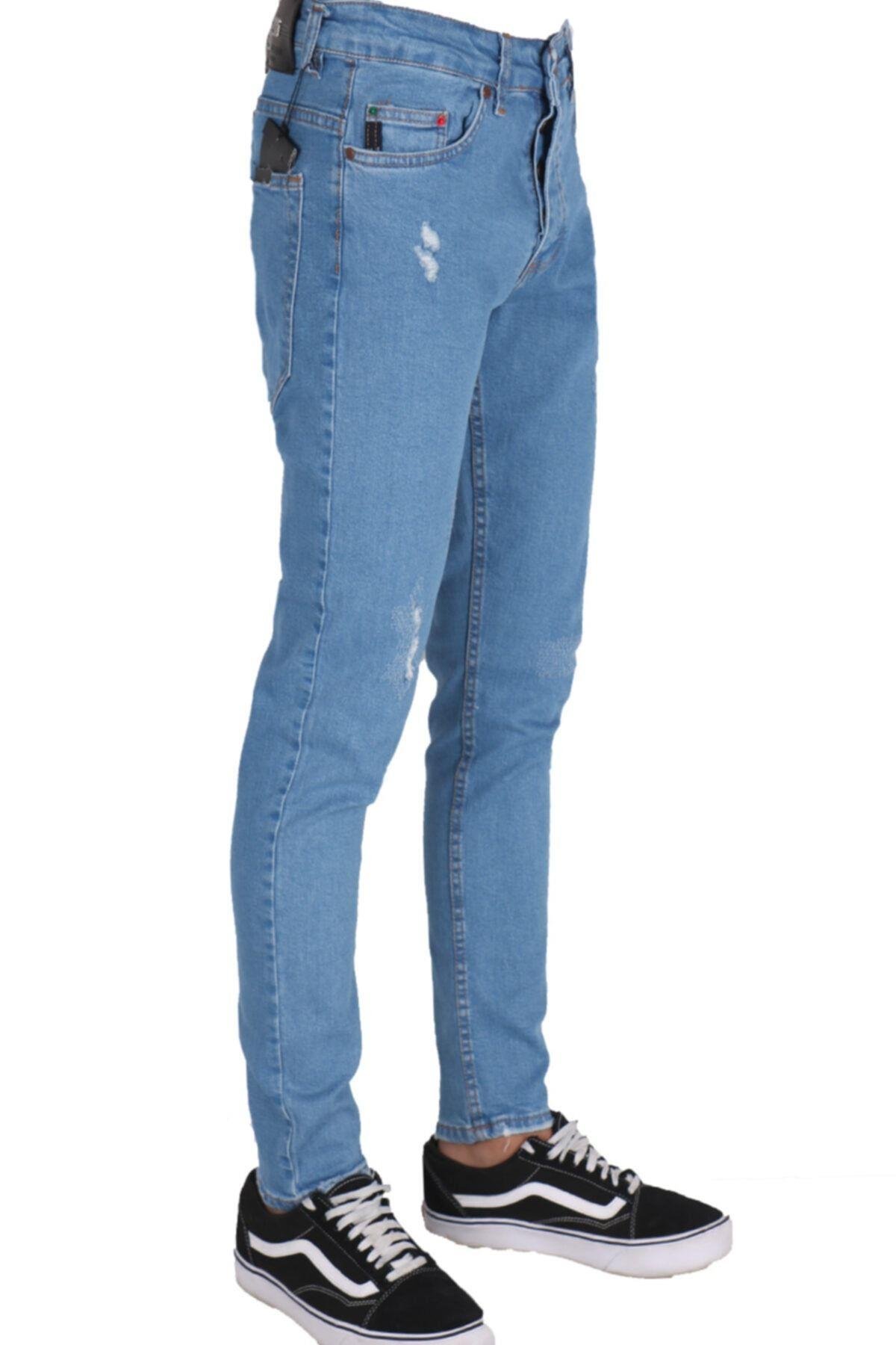 Erkek Denim Mavi Lazer Işlemli Kot Pantolon