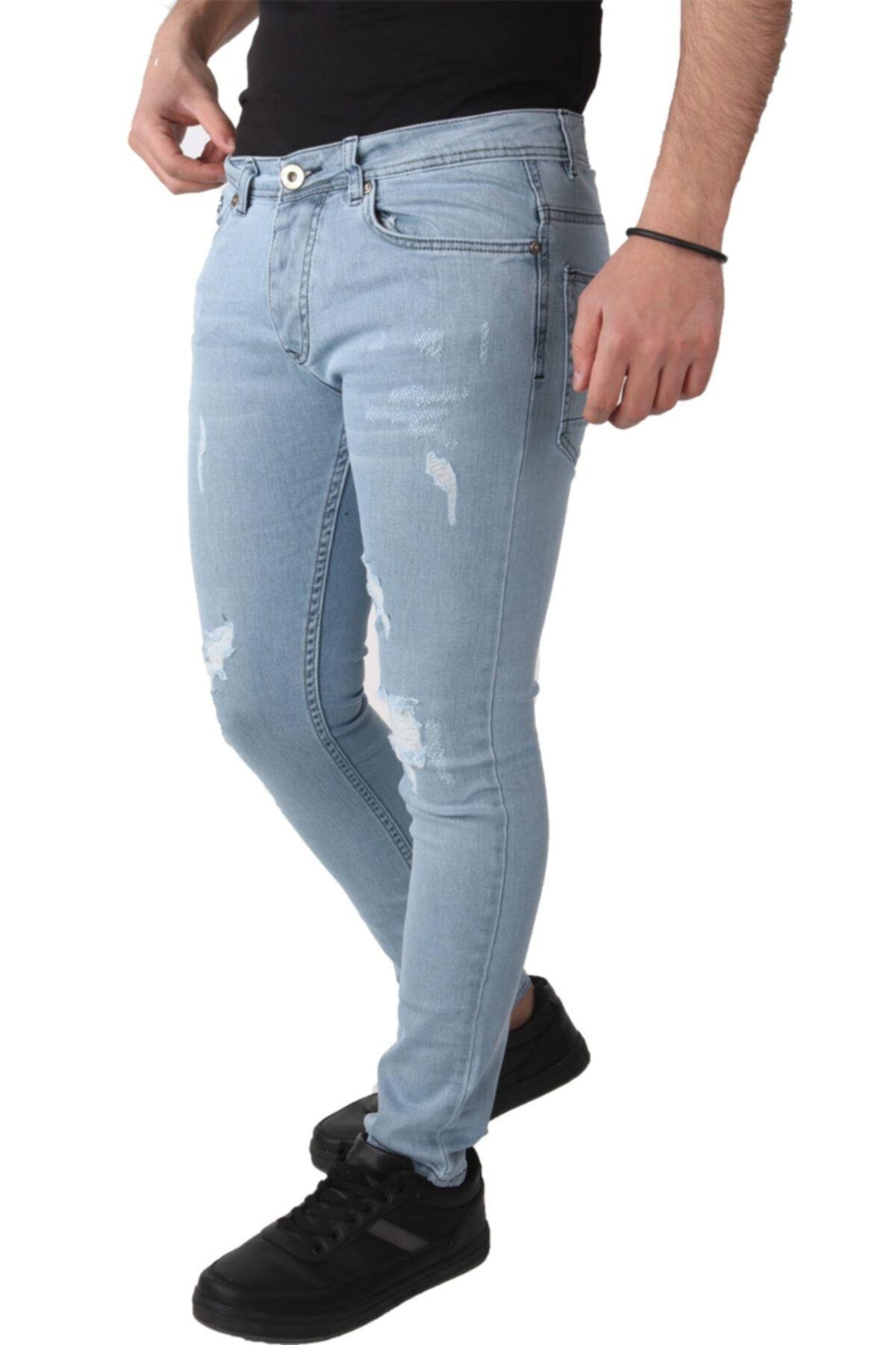 Erkek Denim Pantolon Lazer Işlmli Jeans Buz Mavi Kot