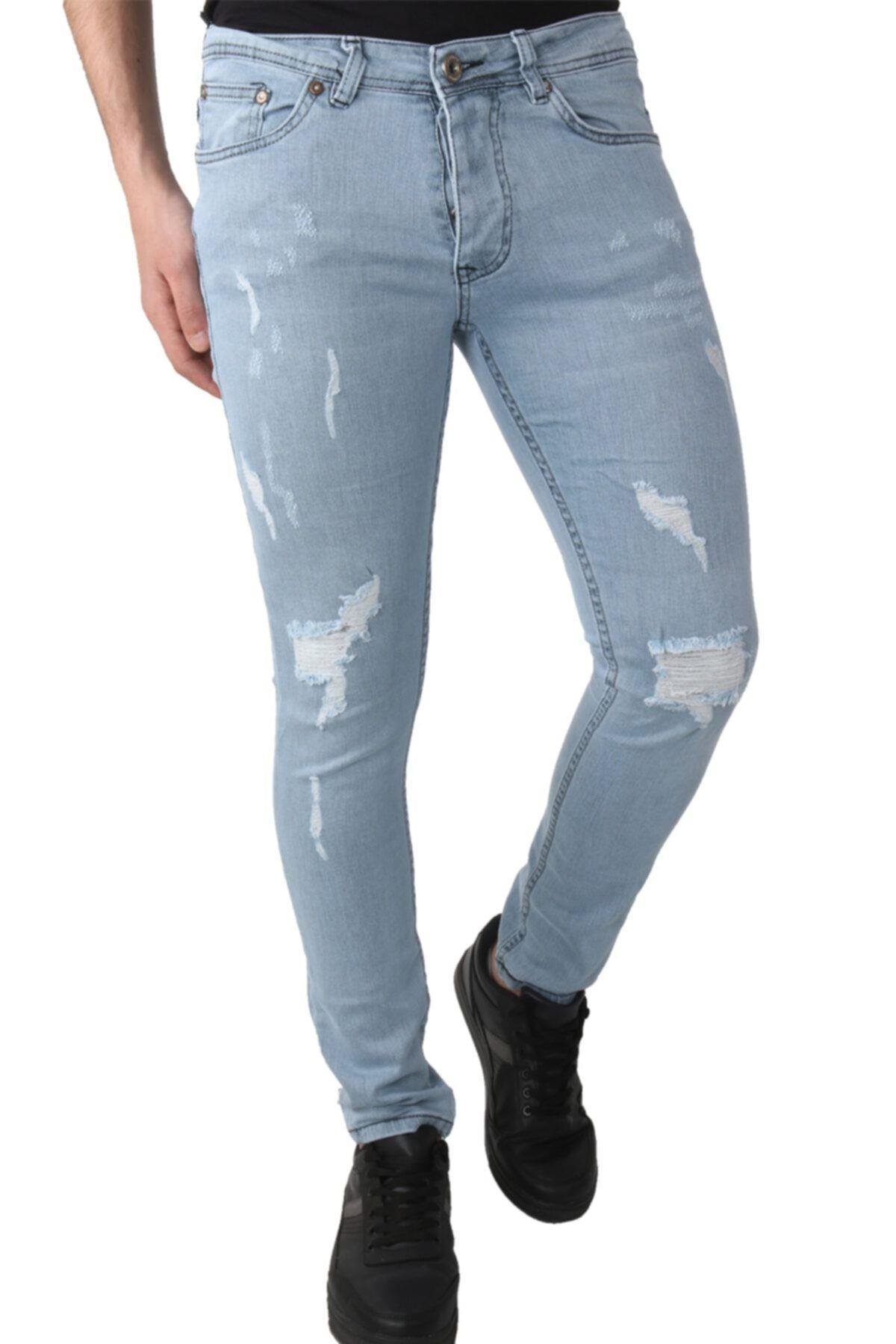 Erkek Denim Pantolon Lazer Işlmli Jeans Buz Mavi Kot