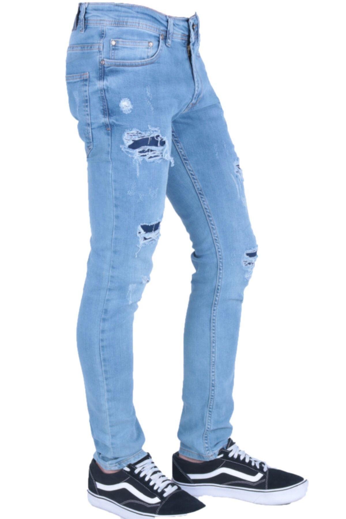 Erkek Denim Prç Ve Lzr Işlmli Spor Giyim Trend Mavi