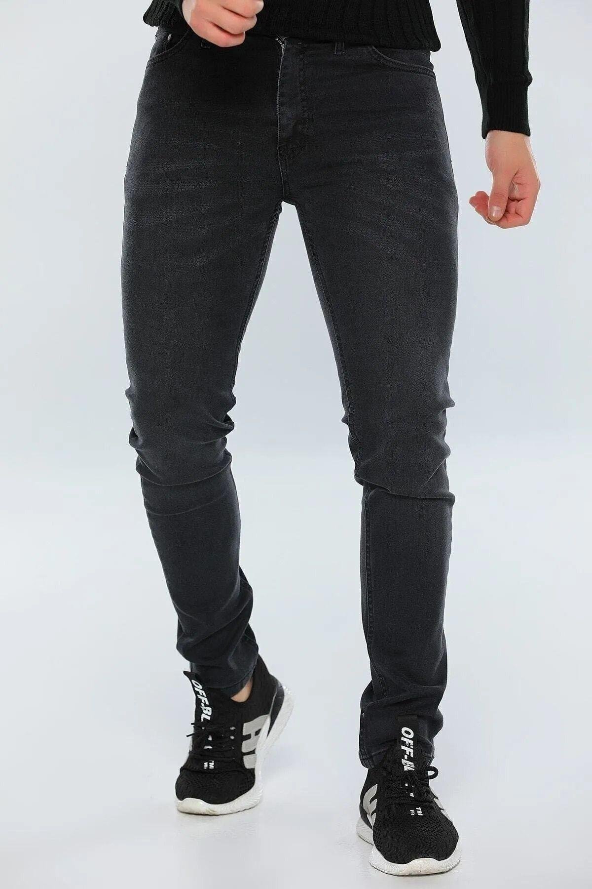 Erkek Gri Füme Slim Fit Likralı Esnek Jean Kot Pantolon